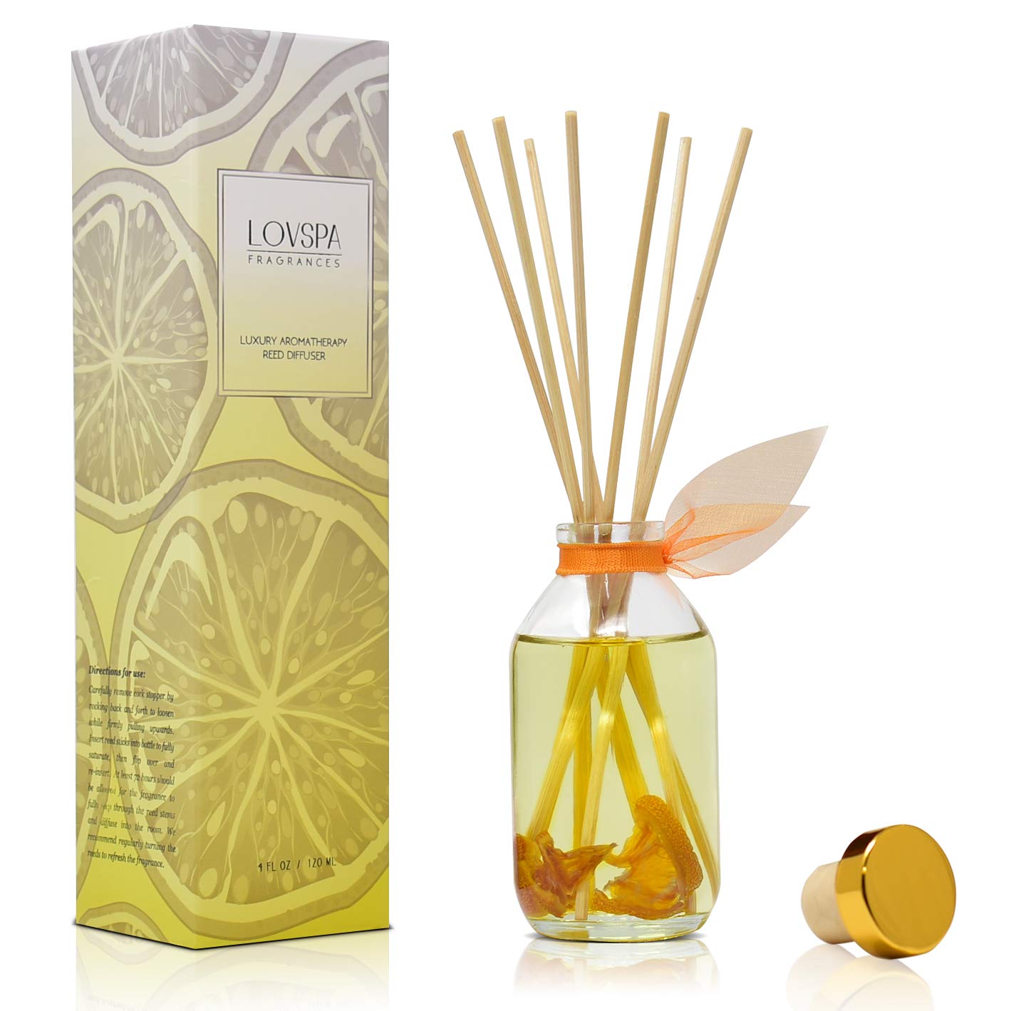 LOVSPA Valencia Orange Reed Diffuser Set - Natural Essential Oil Aromatherapy Room Freshener - Handmade in USA - Perfect for Home, Office & Spa Relaxation