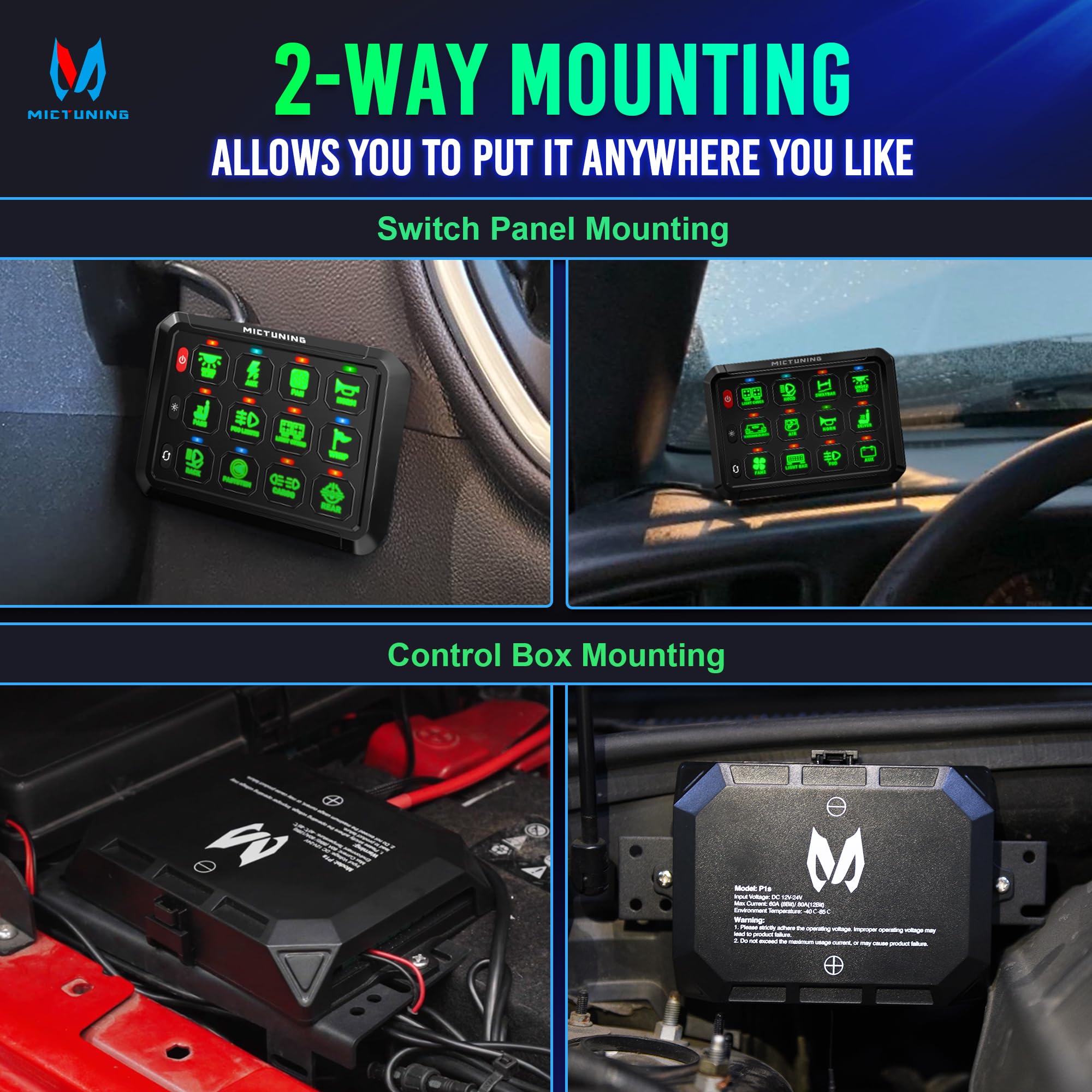 MICTUNING P1B 12 Gang Switch Panel - Multifunction Toggle Momentary Flash Strobe Pulsed with Backlit Off Switch Pod - On/Off Circuit Control Relay Box for Car, Truck, ATV, Off-Road & Marine Vehicles - Perfect for Off-Roading, Camping & Emergency Lighting - Green