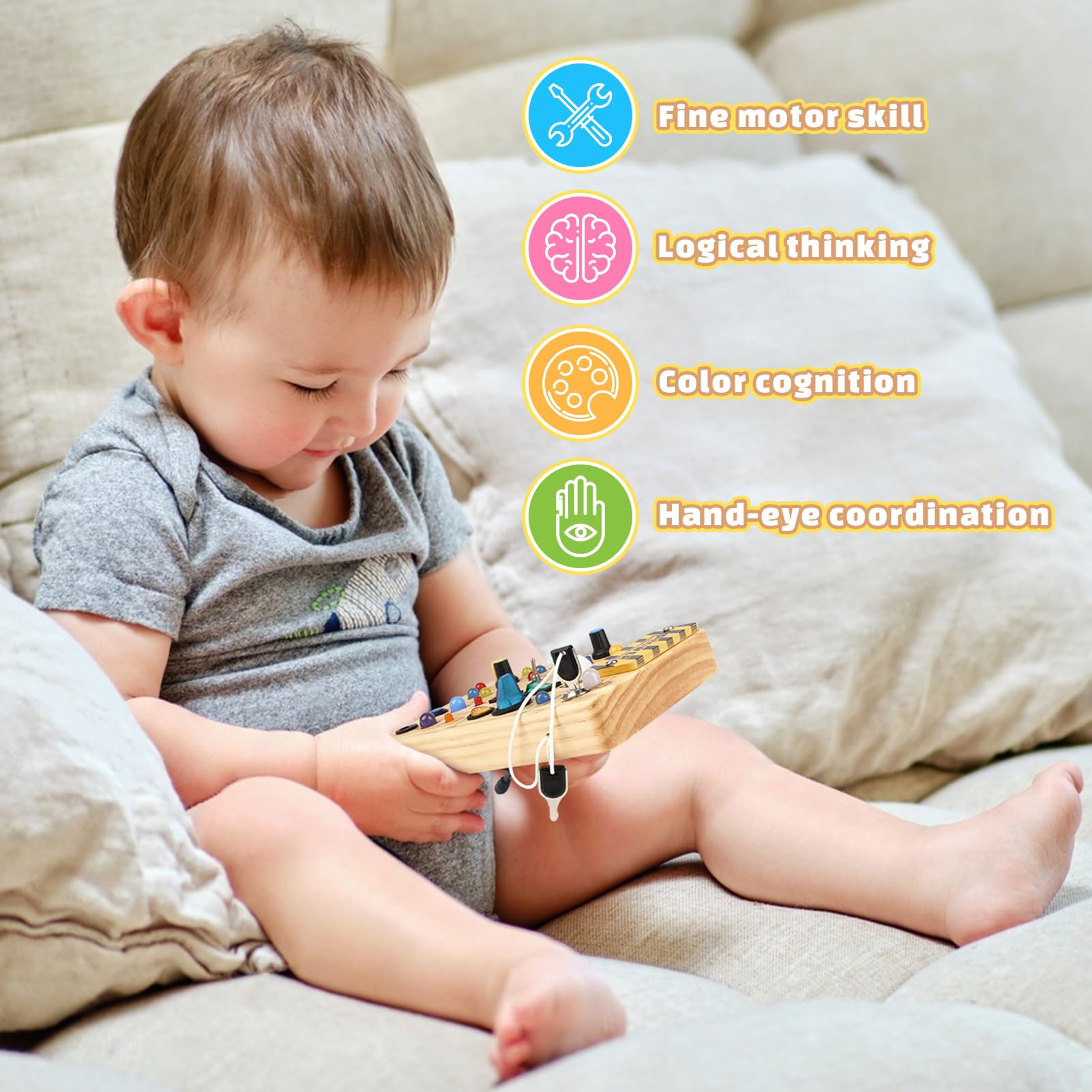 Joyreal Montessori Busy Board - Wooden Sensory Toy with LED Light Switch for Toddlers 18+ Months | Educational Travel Toy for 1-3 Year Old Boys & Girls | Perfect Gift for Learning Fine Motor Skills & Focus - Great for Airplane, Car Rides & Quiet Playtime