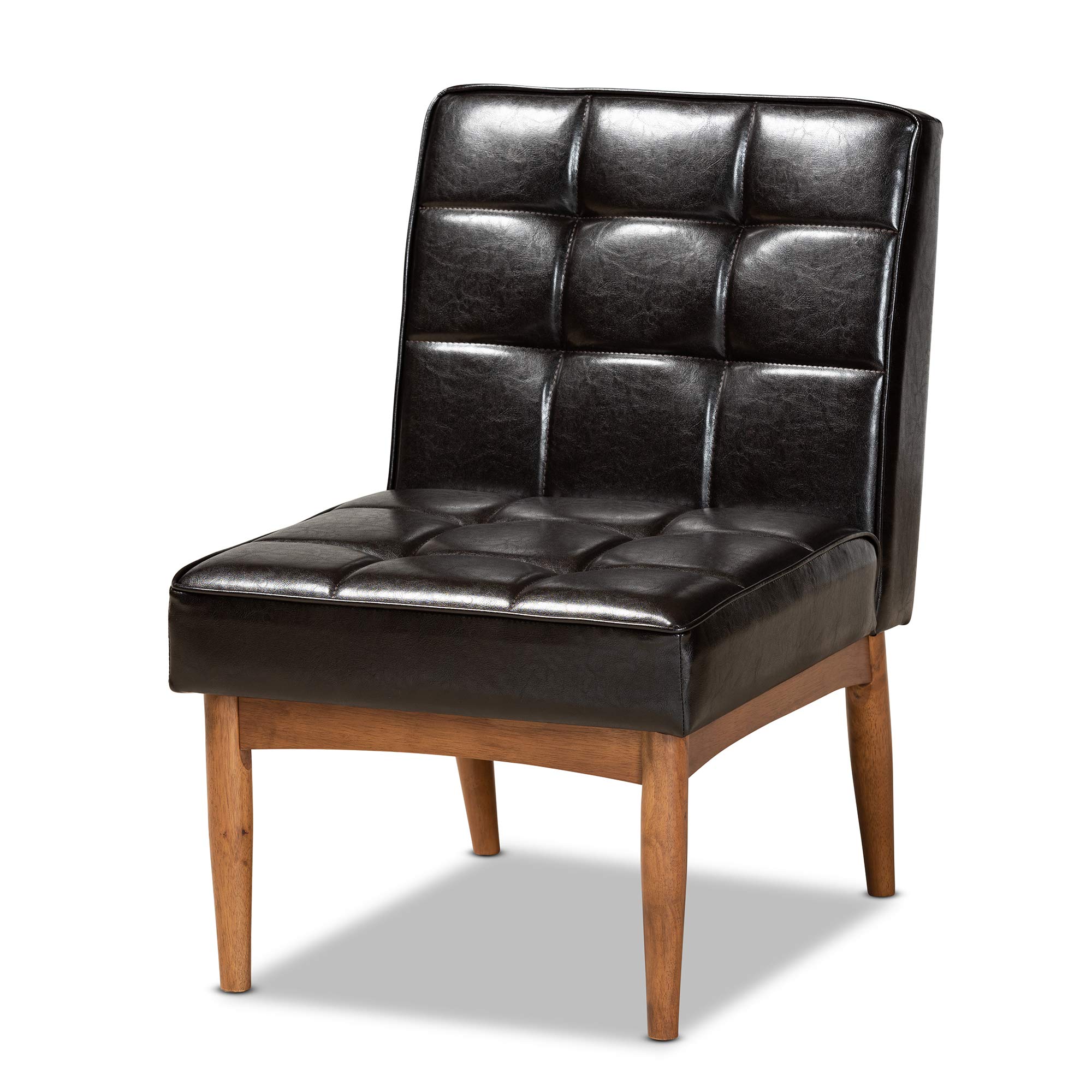 Baxton Studio Sanford Dark Brown Faux Leather Upholstered Dining Chair with Walnut Wood Finish - Modern Kitchen & Dining Room Furniture for Home Decor