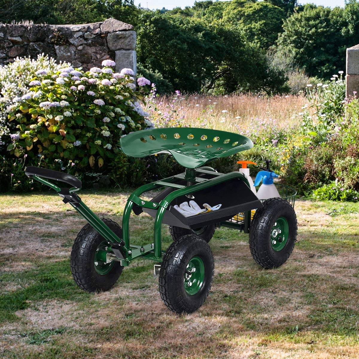 **GRAFFY Heavy Duty Garden Cart with Wheels - Rolling Gardening Stool with Tray & Basket, Adjustable Seat & Handle - Mobile Work Seat for Lawn, Patio & Yard Work - Perfect for Planting, Weeding & Outdoor Chores**