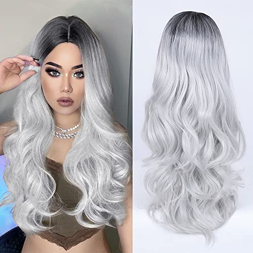 HANNE Long Wavy Ombre Wig - Black to Gray Synthetic Heat Resistant Hair for Women | High Density Silver Grey Wavy Lace Front Wig | Perfect for Cosplay, Parties & Daily Wear (1B/Gray)