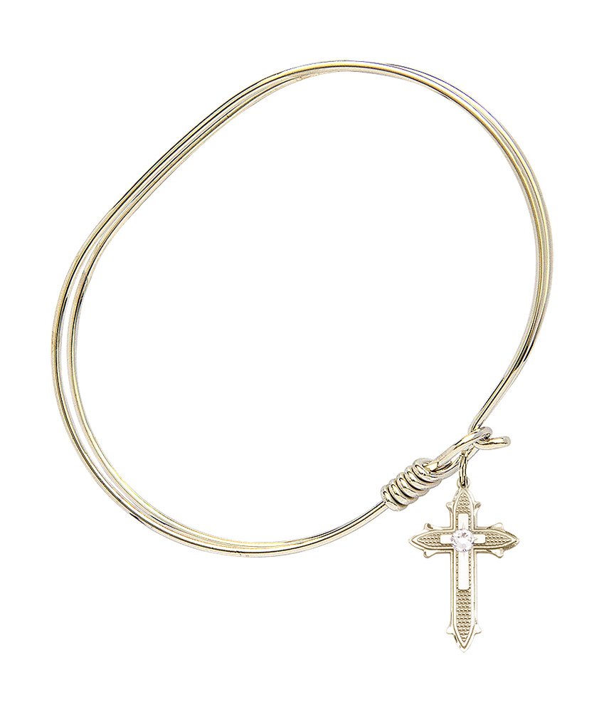 7 Inch Oval Eye Hook Bangle Bracelet with Cross Charm & April Birthstone Crystal - Elegant Religious Jewelry for Women, Perfect for Church, Weddings & Everyday Wear