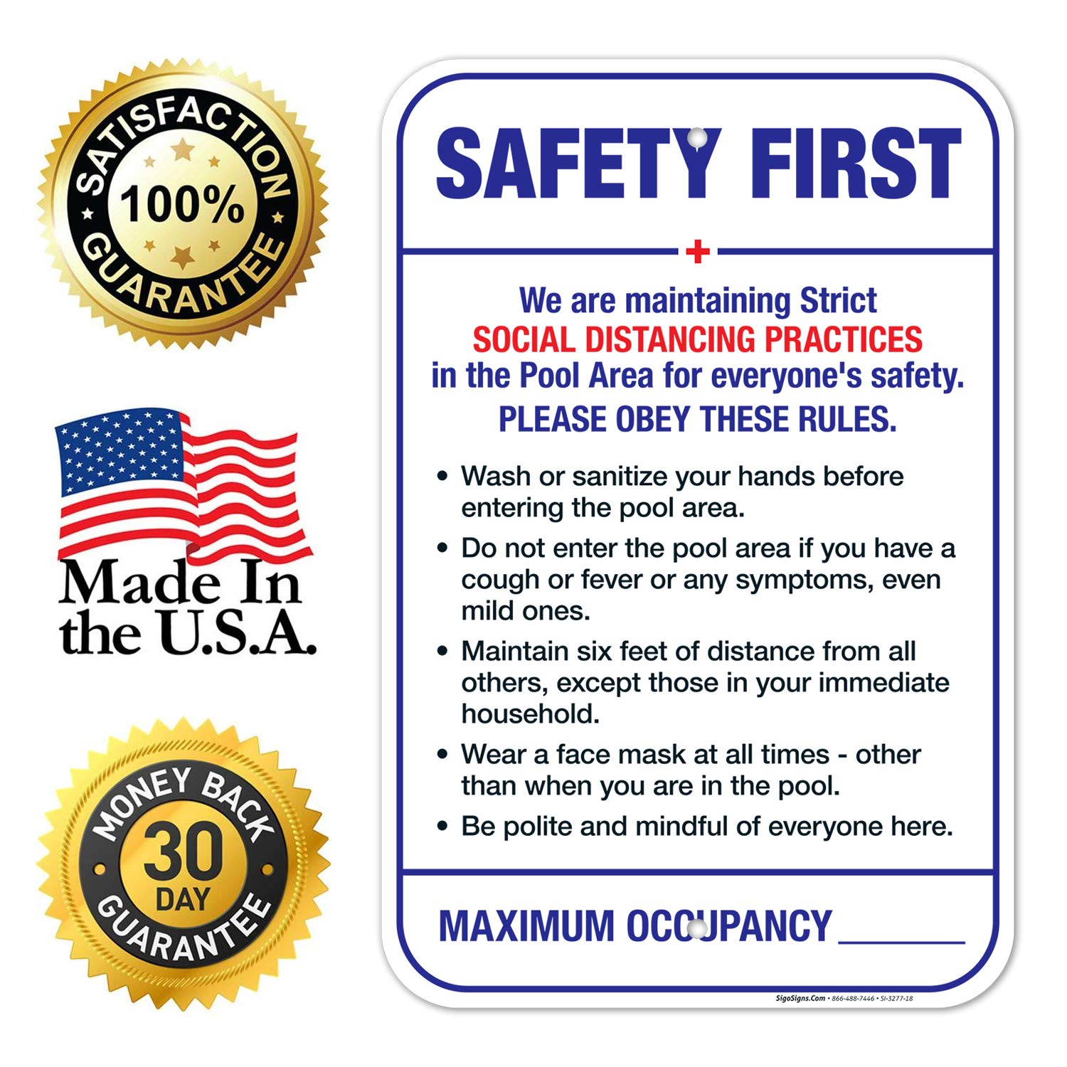 Social Distancing Pool Rules Sign - 12x18 Inch Rust-Free Aluminum Safety Sign for Pools, Beaches & Resorts - Fade-Resistant, Made in USA