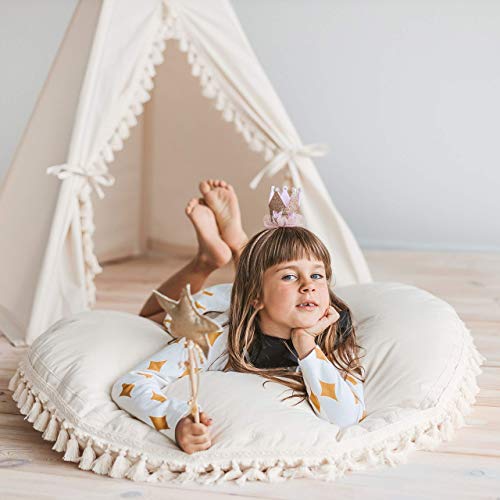 Large Round Floor Cushion for Kids Room - Natural Canvas Floor Pillow with Tassels Decor | Perfect for Playroom, Nursery, Reading Nook & Cozy Seating