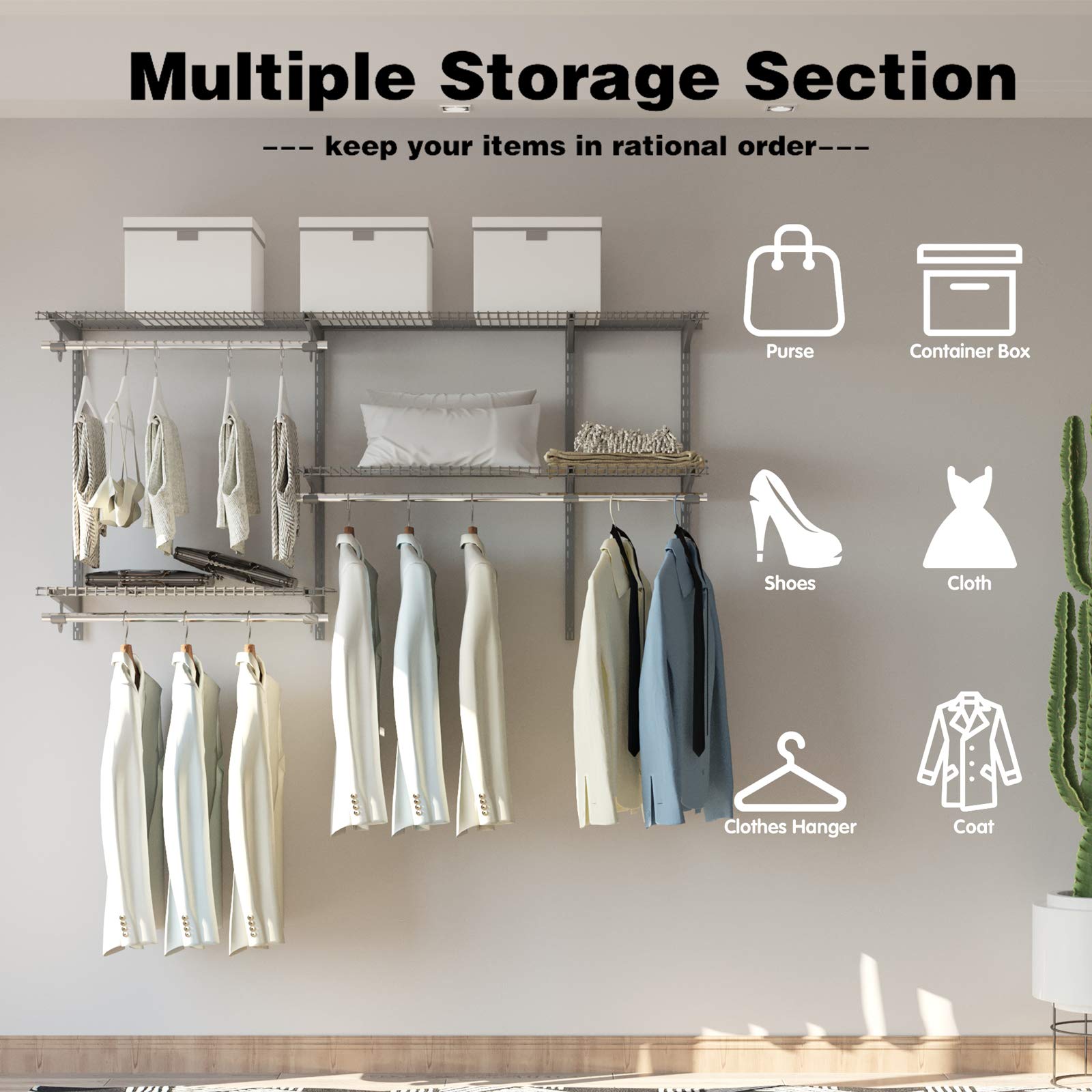 Tangkula 3-5 FT Custom Closet Organizer System Kit - Wall Mounted Storage with Adjustable Wire Shelves & Hanging Rods | Modular Closet Organization for Bedroom, Walk-in Closet & Small Space Storage Solutions