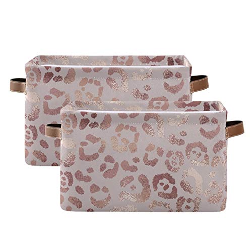 SEULIFE Rose Gold Leopard Print Pink Foldable Storage Basket - Large Collapsible Organizer Bin with Handles for Toys, Bathroom, Nursery & Closet - 2 Pack Storage Boxes for Home Organization & Kids Room Decor