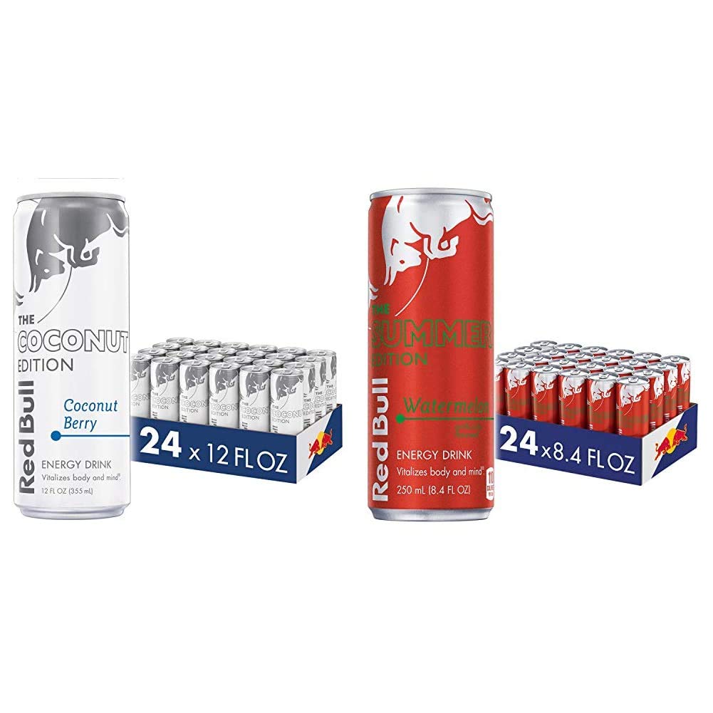 Red Bull Energy Drink Coconut Berry & Red Edition Watermelon - 24 Cans Each | Tropical & Refreshing Flavors for Workouts, Gaming & All-Nighters | Sugar-Free Boost with B-Vitamins | Perfect for Athletes & Students