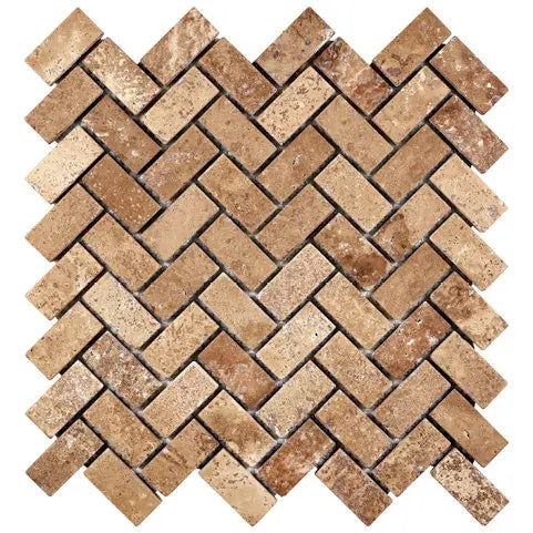 Premium Noce Travertine 1x2 Herringbone Mosaic Tile - Natural Stone Tumbled Finish for Bathroom Floor, Kitchen Backsplash & Shower Wall Design