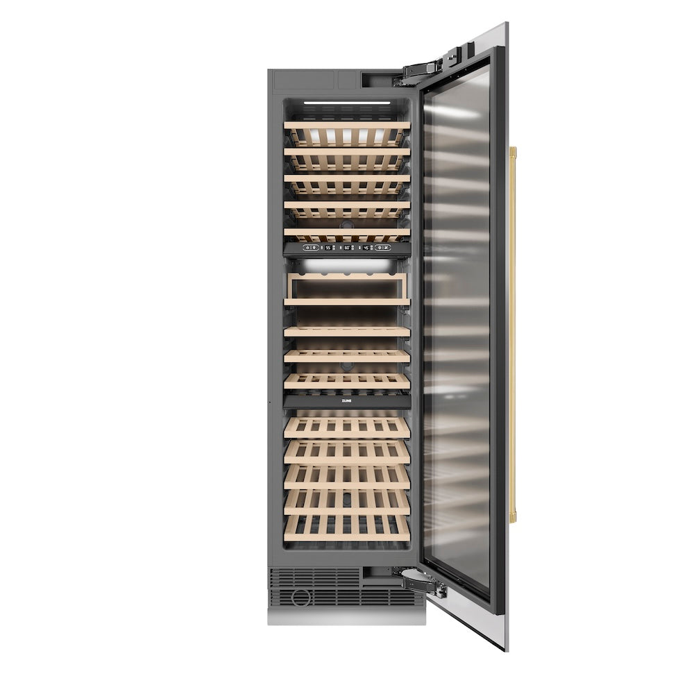 ZLINE Autograph Edition 24 Inch 12.4 Cu Ft Triple Zone 100 Bottle Stainless Steel Wine Cooler with Polished Gold Accents - Perfect for Home Bars, Wine Cellars & Entertaining (RCWVZ 304 24 G)