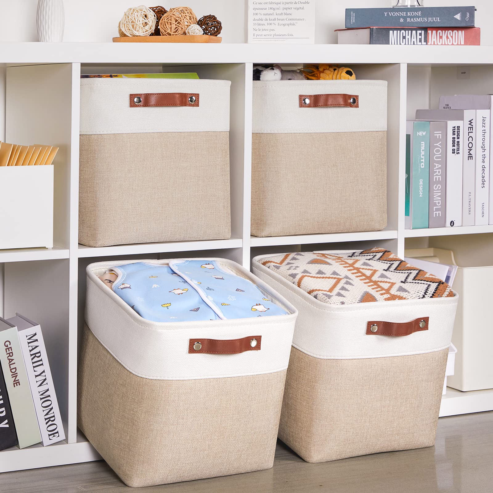 HNZIGE Foldable Storage Baskets 4 Pack - 12x12 Cube Organizer Bins for Shelves, Closet, Home & Office Organization - White & Beige Fabric Storage Boxes with Handles | Perfect for Bedroom, Nursery, Pantry & Toy Storage