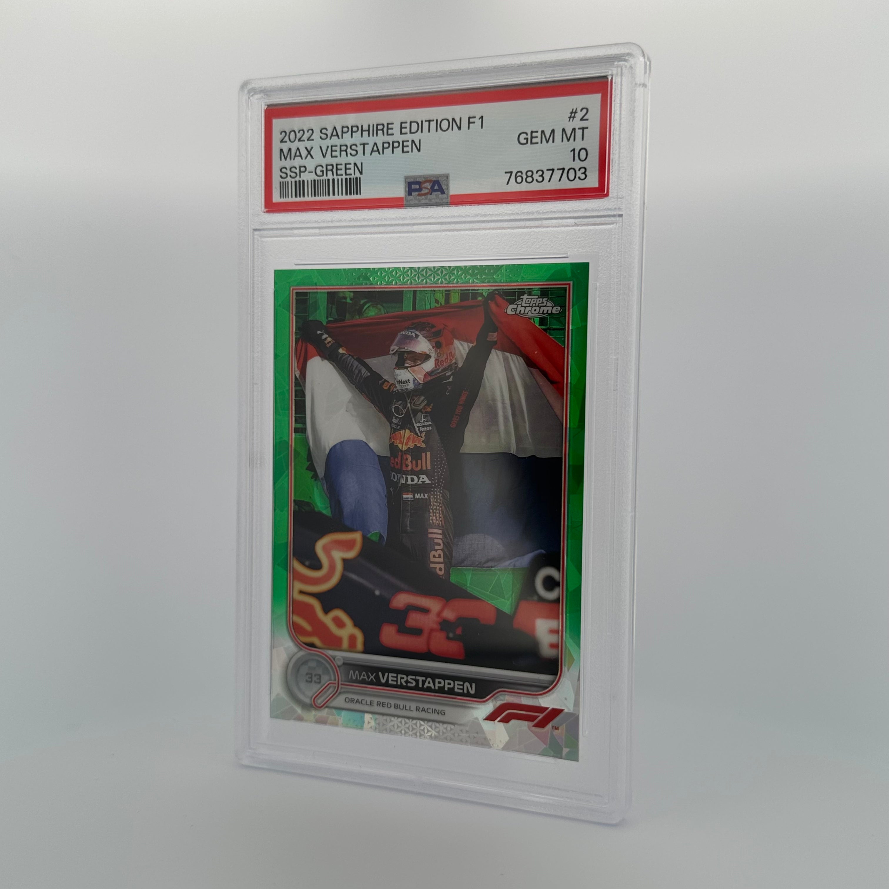 PSA 10 Graded 60/75 MAX VERSTAPPEN #2 Sapphire Edition SSP Green - Rare Trading Card for Collectors & Racing Fans    (Use Cases: Sports Memorabilia Collection, F1 Racing Fan Gifts, Investment Trading Cards)