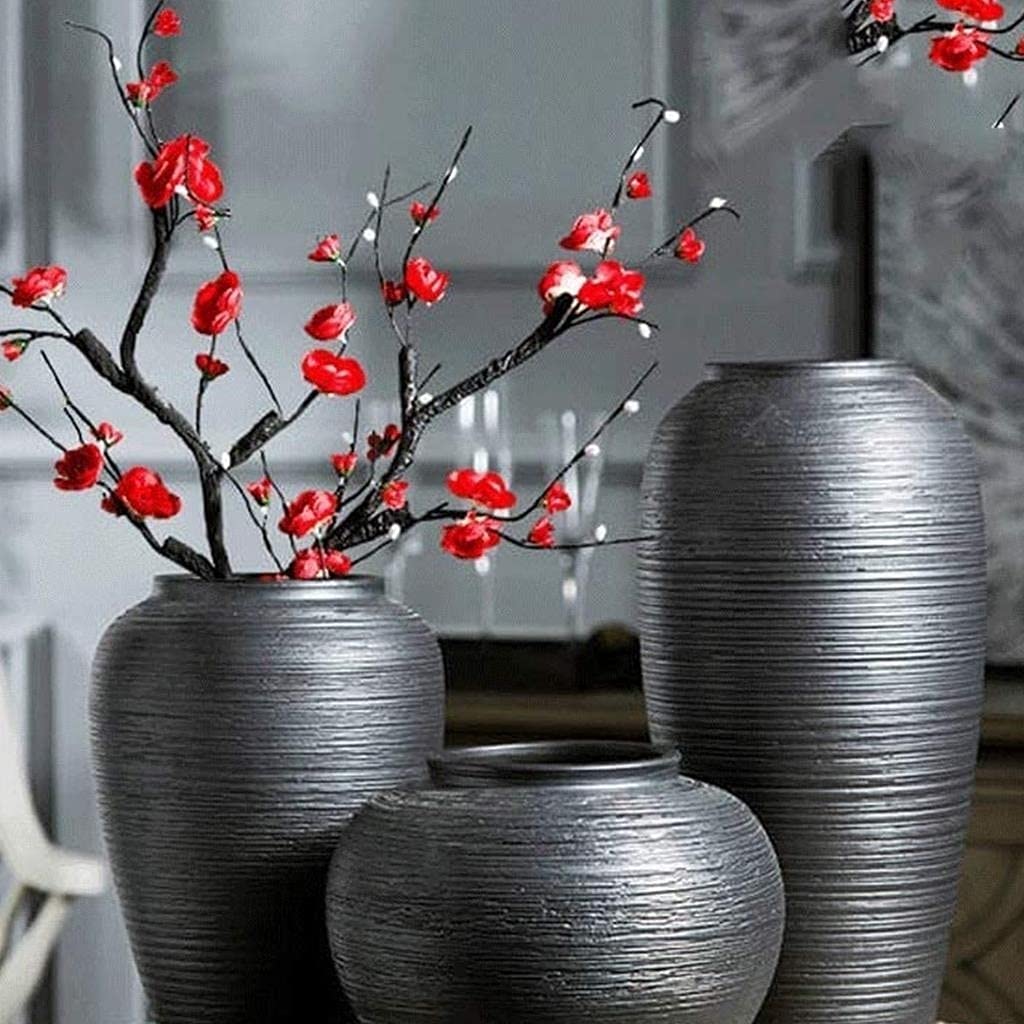 Modern Black Ceramic Vase with Geometric Pattern - Stone Beam Home Decor Flower Vase for Living Room, Dining Table, Office Desk & Wedding Centerpiece (15x32cm)