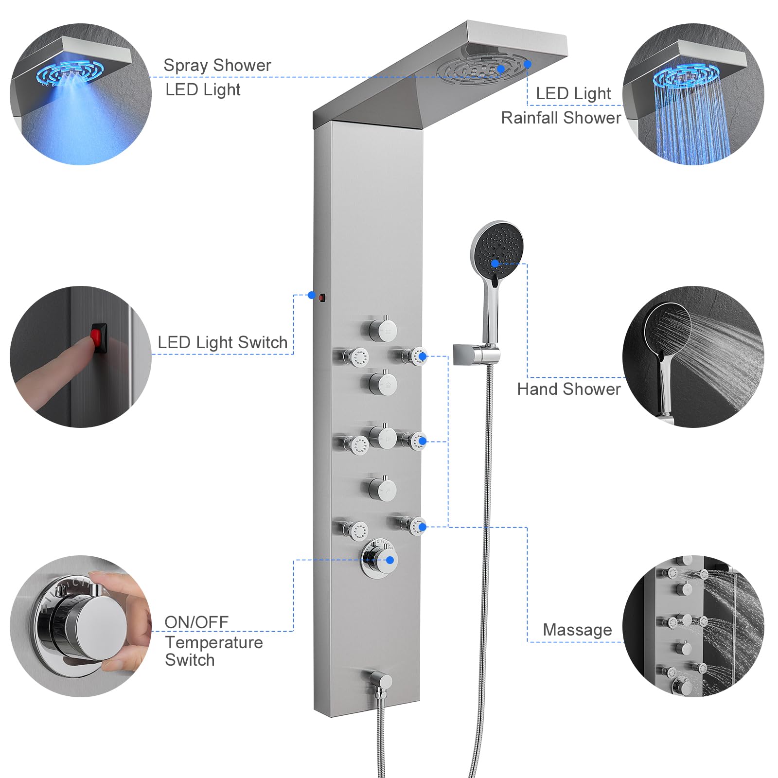 MENATT 4-in-1 LED Shower Panel Tower System with Rainfall Shower Head, Body Massage Jets, Handheld Shower & Tub Spout - Brushed Stainless Steel for Spa-Like Bathroom Experience