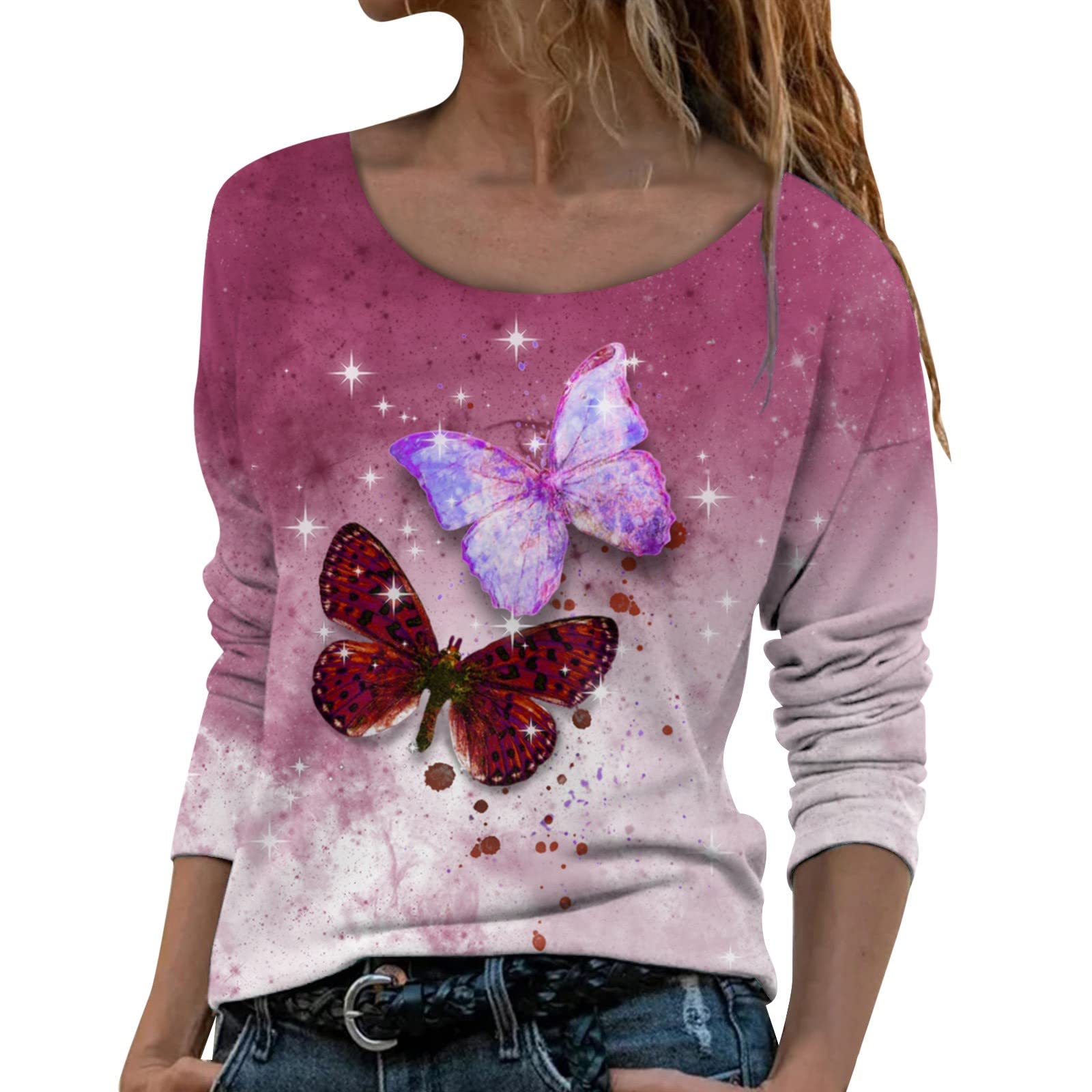 Women's Casual Gradient Color T-Shirts - Summer & Fall Long Sleeve Round Neck Loose Fit Basic Tees for Everyday Wear, Work & Weekend Outings