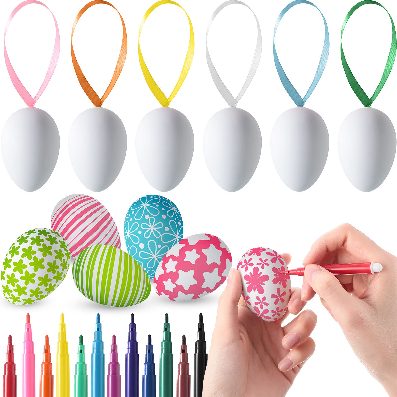 36 Paintable Easter Eggs with 12 Color Pens - DIY Party Decor for Easter Hunt & Tree