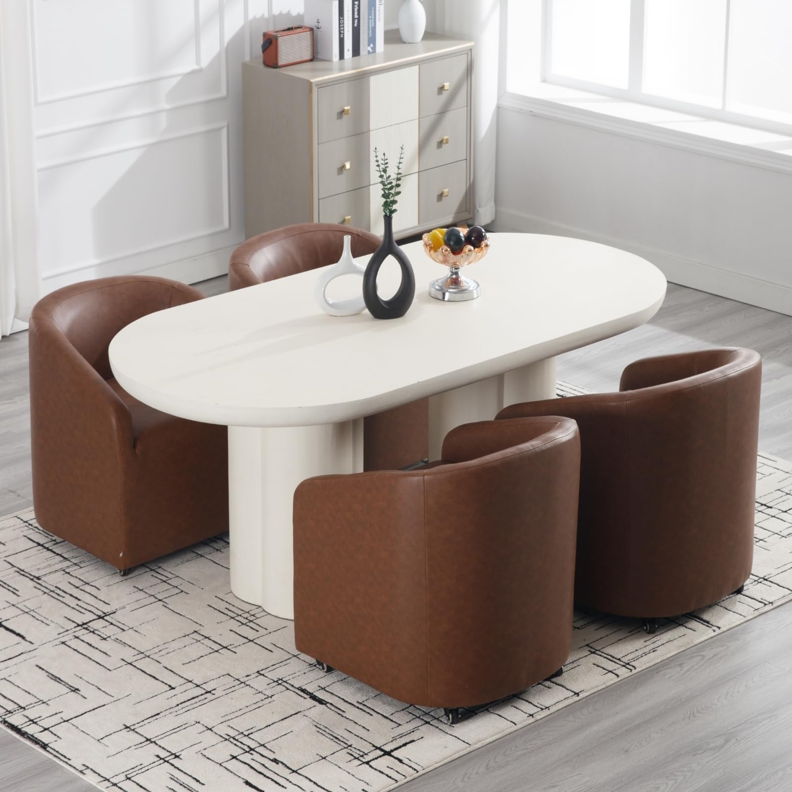 Modern Swivel Barrel Dining Chairs Set of 2 - PU Leather Upholstered Kitchen Counter Stools with Casters - Accent Side Chairs for Dining Room, Living Room & Home Office - Brown (Perfect for Breakfast Nooks, Kitchen Islands & Small Space Dining)