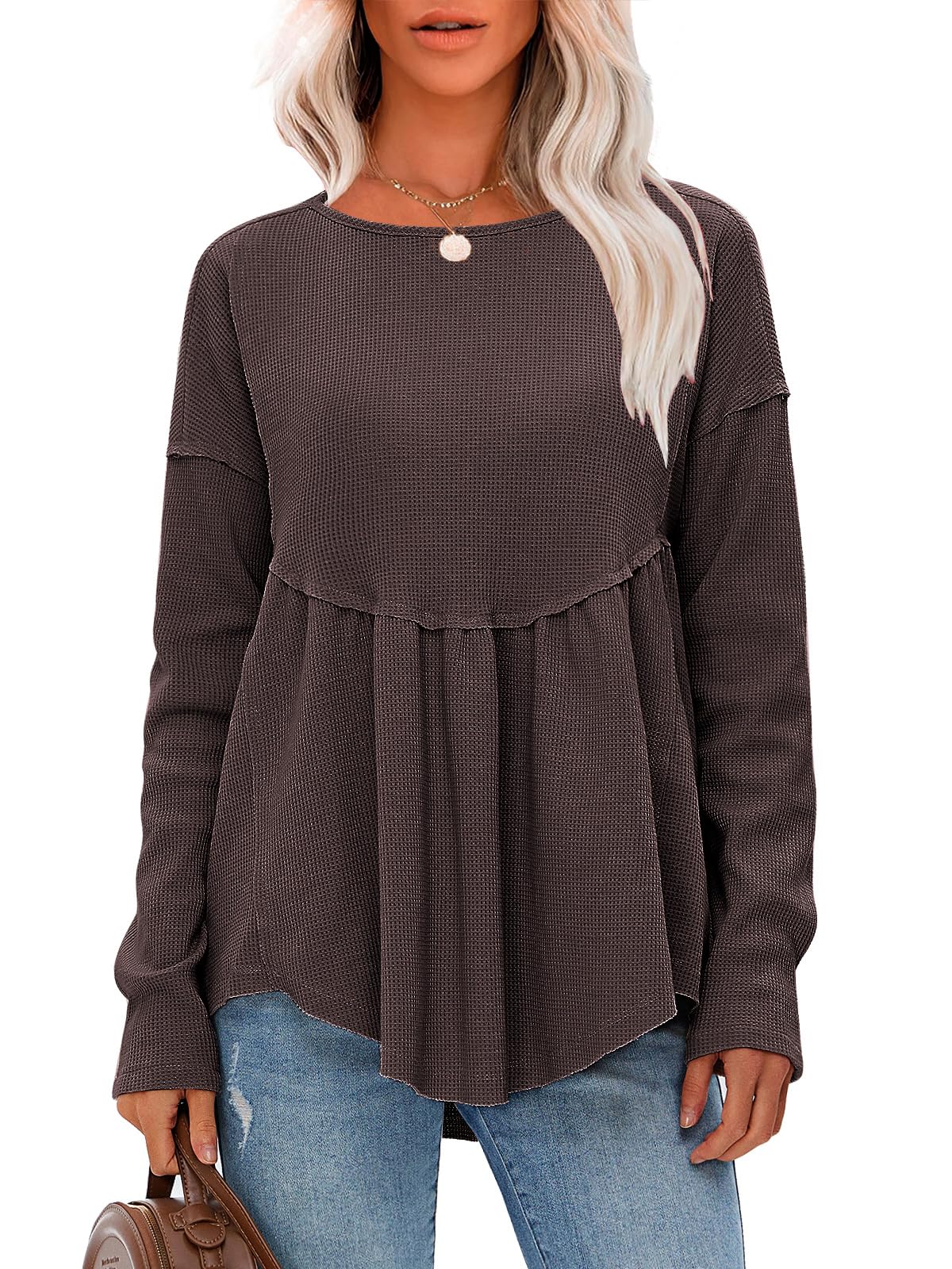 EXLURA Womens Waffle Knit Long Sleeve Crewneck Tunic Top - Loose Babydoll Blouse for Maternity & Casual Wear | Fall Fashion 2025 | Perfect for Layering, Office Outfits and Autumn Styling