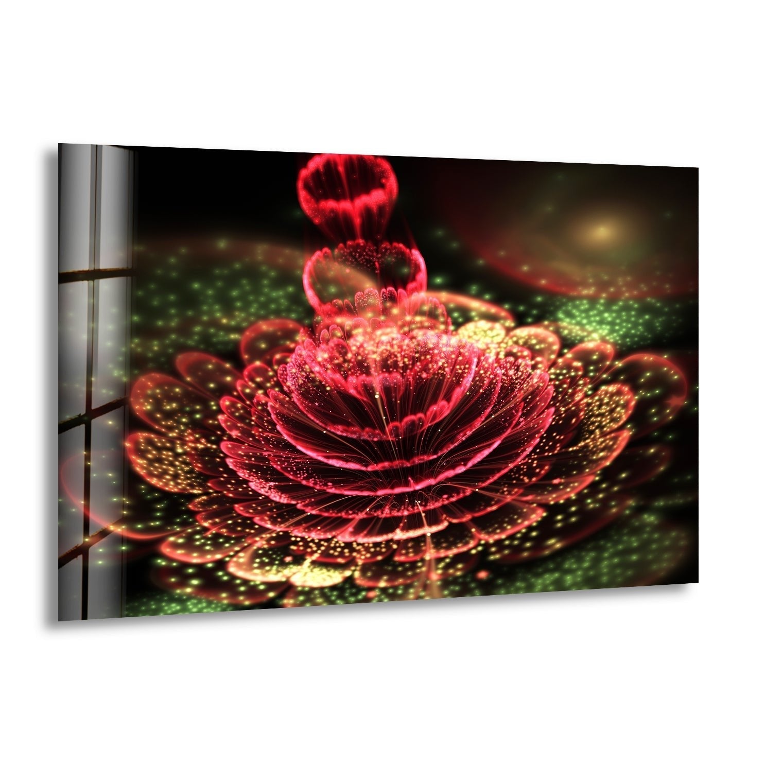 Abstract Red Flower Glass Wall Art - Modern Home Decor for Living Room, Bedroom & Office - Elegant Handmade Glass Painting for Unique Interior Design