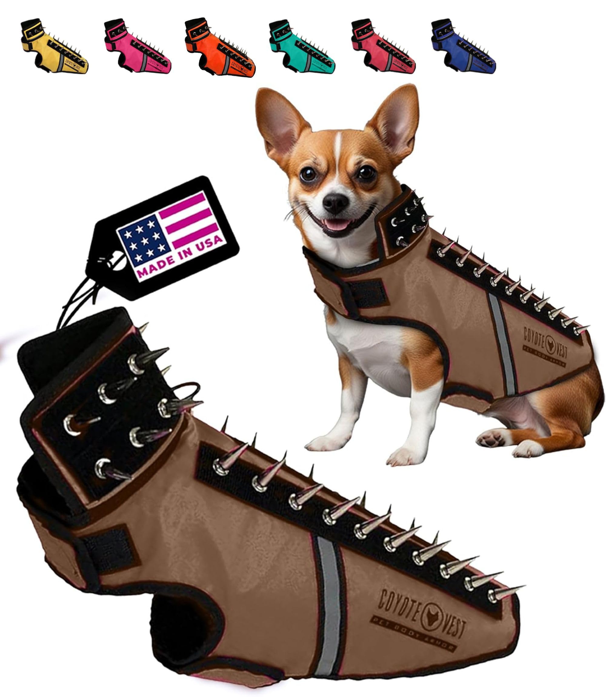 CoyoteVest SpikeVest Dog Harness for Small Dogs - Reflective Anti-Predator Vest with Spikes to Protect Pets from Coyotes, Hawks & Animal Attacks - USA Made (S-Texas Tan) - Perfect for Outdoor Adventures, Hiking & Backyard Safety