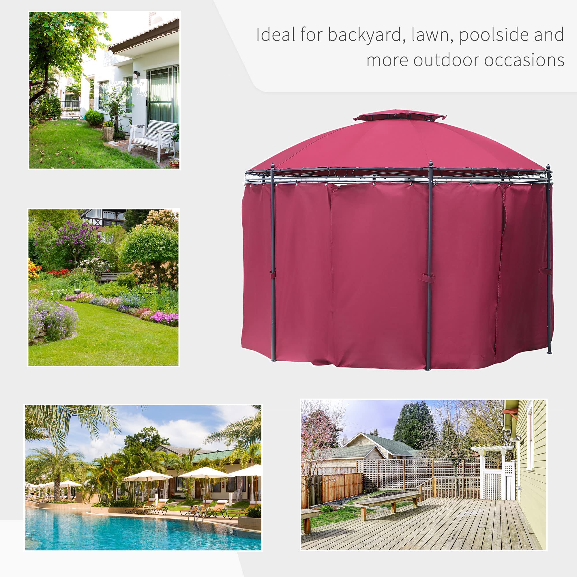 Outsunny 11.5' Outdoor Gazebo Canopy with Curtains - Round Double Roof Steel Frame Patio Shelter for Garden, Lawn, Backyard, Deck (Wine Red) | Perfect for Romantic Gatherings, Outdoor Dining & Relaxation