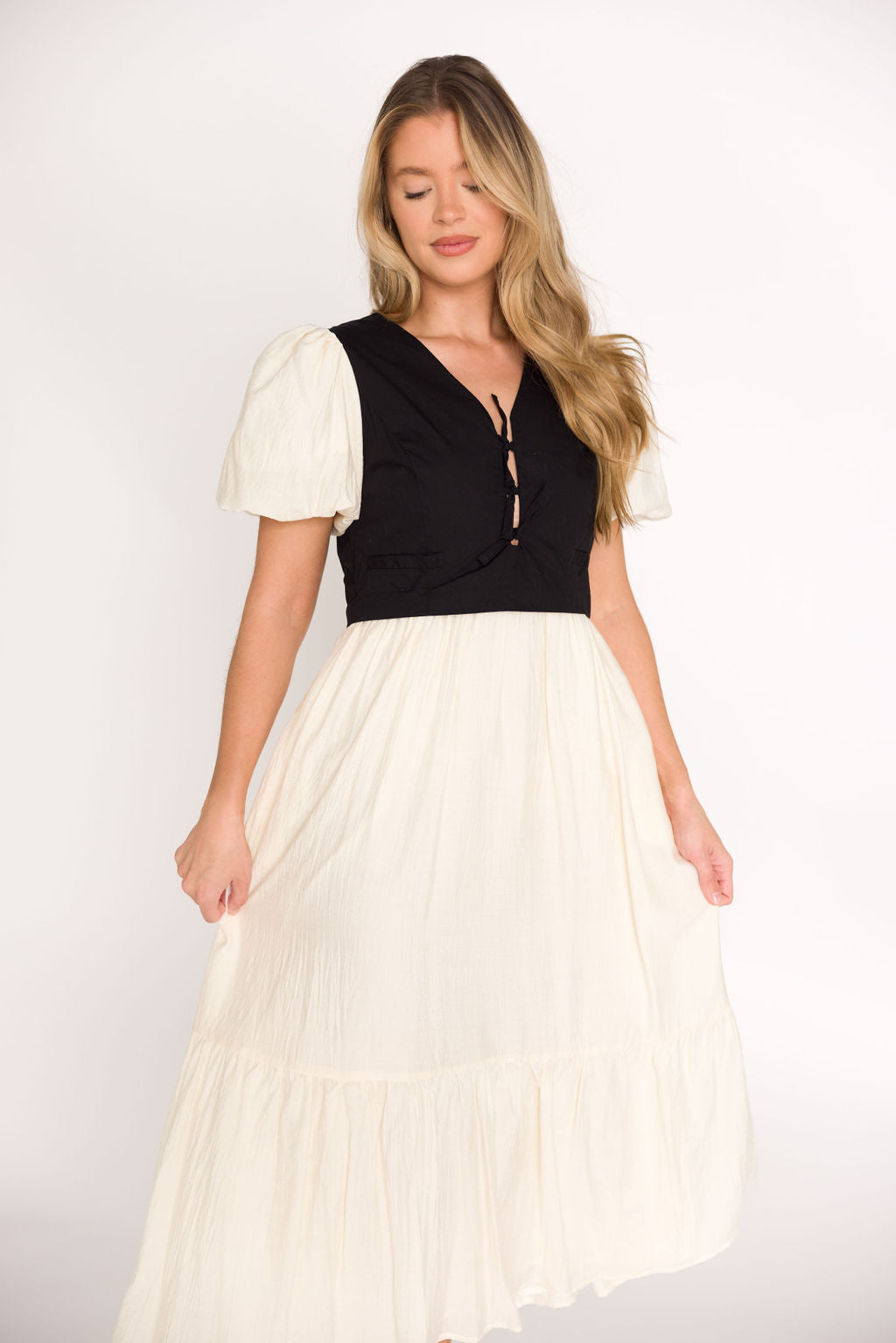 Mya Contrast Tie Vest Midi Dress in Ivory/Black - Elegant Women's Formal Dress for Office, Wedding & Special Occasions