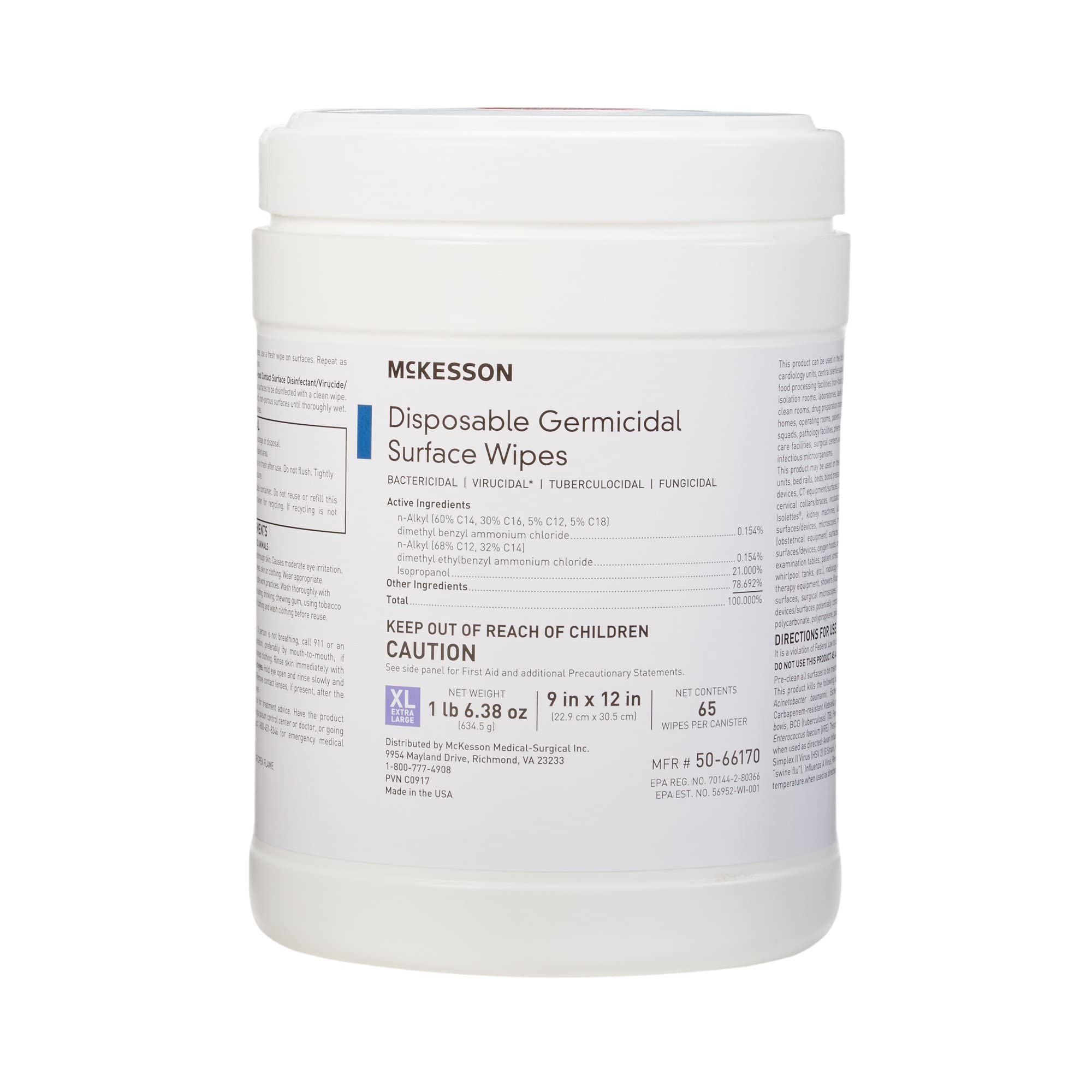 McKesson Germicidal Disinfecting Wipes - 65 Count XL Alcohol Wipes for Medical, Home & Office Use | Hospital-Grade Surface Cleaner & Sanitizer | Kills 99.9% Germs on Countertops, Electronics & Medical Equipment