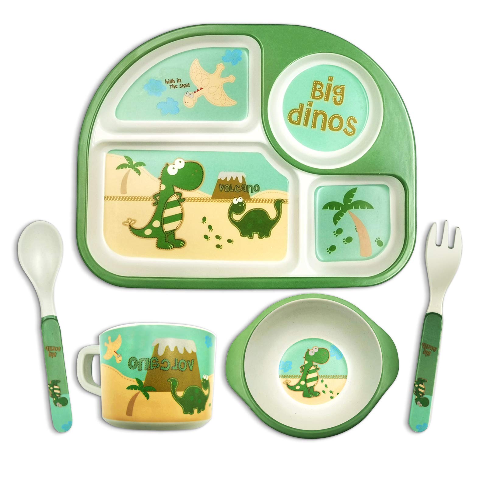 Dinosaur Toddler Plates and Bowls Set - 6-Piece Bamboo Dinnerware for Kids with Fork & Spoon | Baby Self-Feeding Dishwasher Safe Feeding Utensils | Perfect for Home, Daycare & Travel Meals