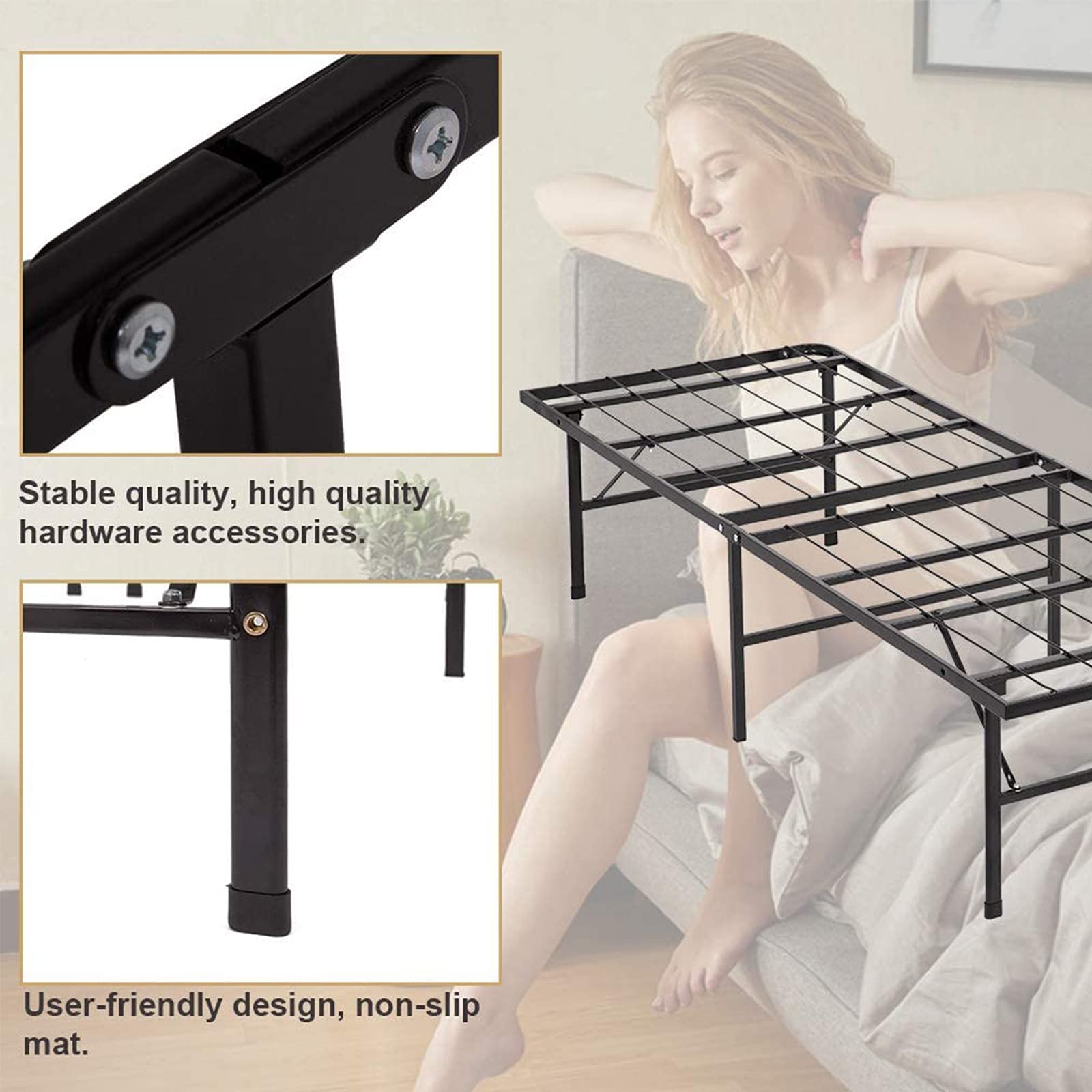 14 Inch Heavy Duty Metal Bed Frame - Twin Size Folding Platform with Steel Slat Support, Under Bed Storage Space, No Box Spring Needed, Noise-Free Design, Non-Slip Mat Included (Black, 75