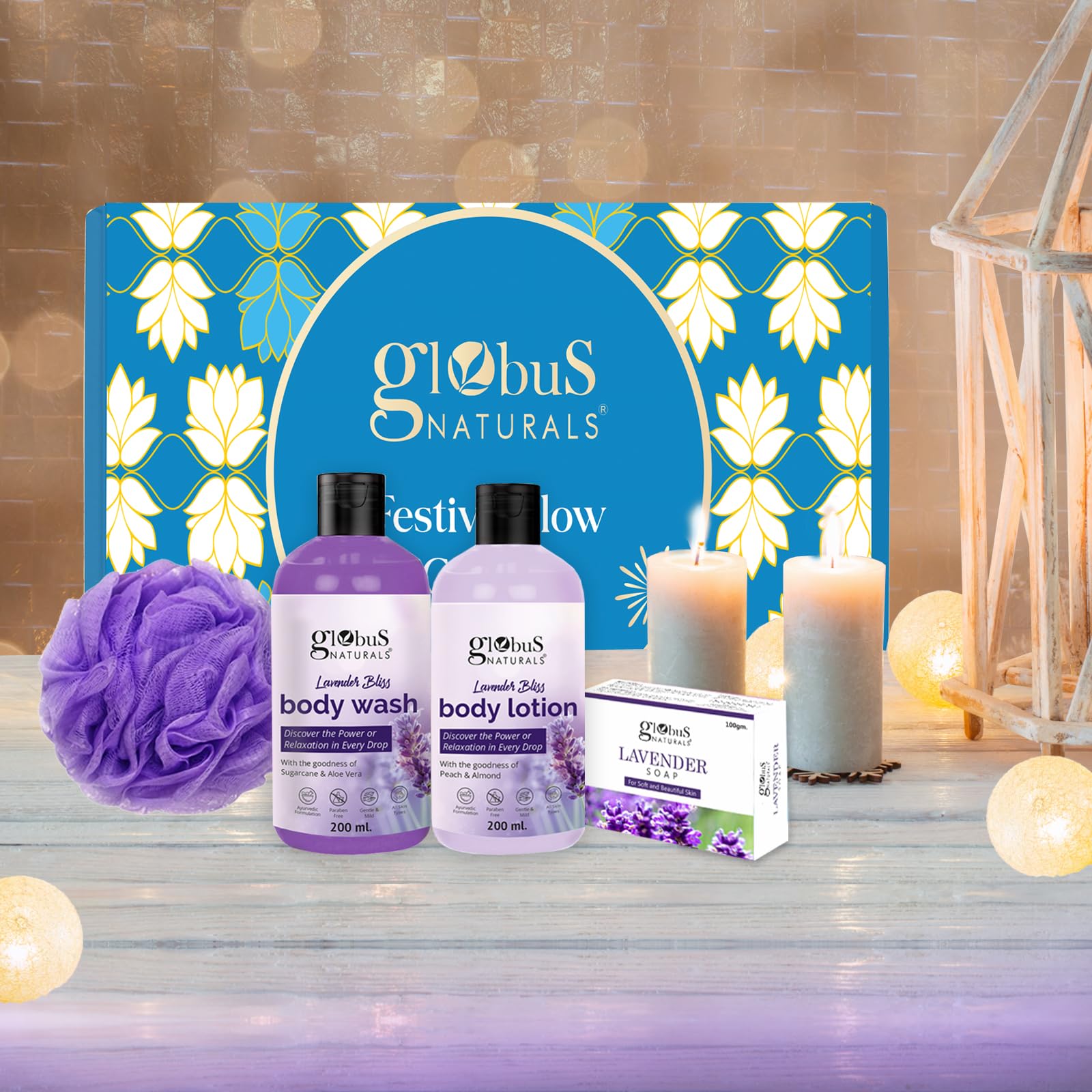 Globus Naturals Lavender Spa Gift Set - 4 Piece Relaxing Bath & Body Collection with Lavender Body Wash (200ml), Lotion (200ml), Soap (100g) & Loofah | Perfect for Self-Care, Gifts & Aromatherapy at Home