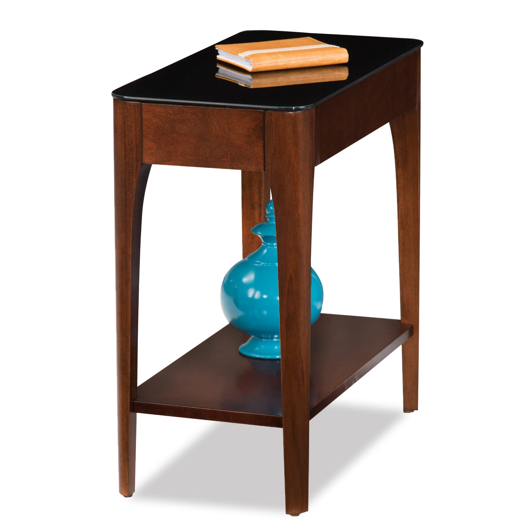Leick Home 11105 Obsidian Glass Top Narrow Side Table with Shelf - Chestnut & Black Glass - Perfect for Living Room, Bedroom & Small Spaces