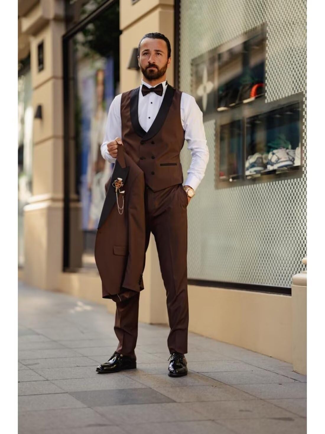 Wangyue Men's Slim Fit 3-Piece Tuxedo Suit | Formal Wedding Groomsmen Suit with Peak Lapel & Bow Tie | Perfect for Prom, Black Tie Events & Special Occasions