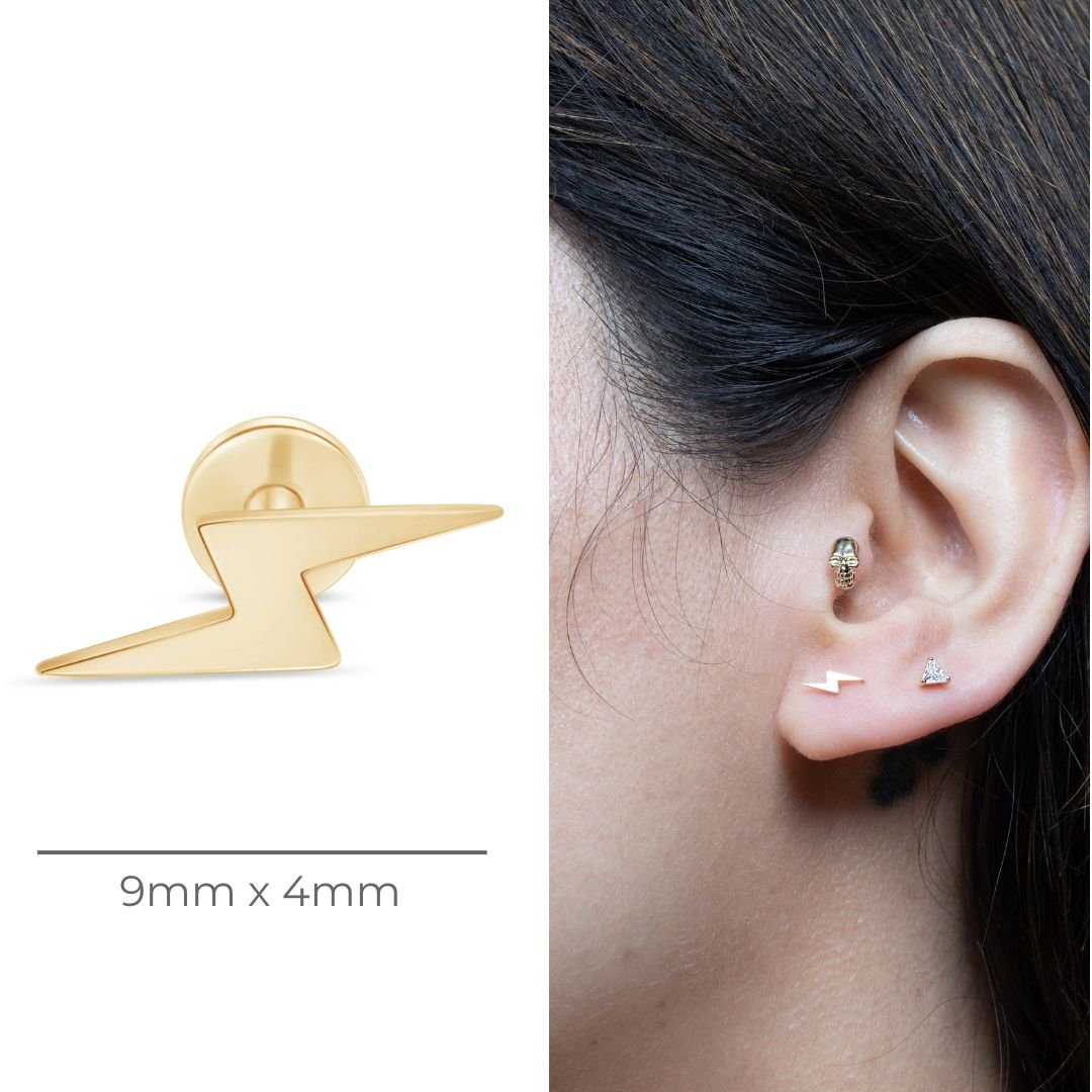 14k Yellow Gold Lightning Bolt Flat Back Stud Earrings - Perfect for Everyday Wear, Gifts & Punk Rock Fashion