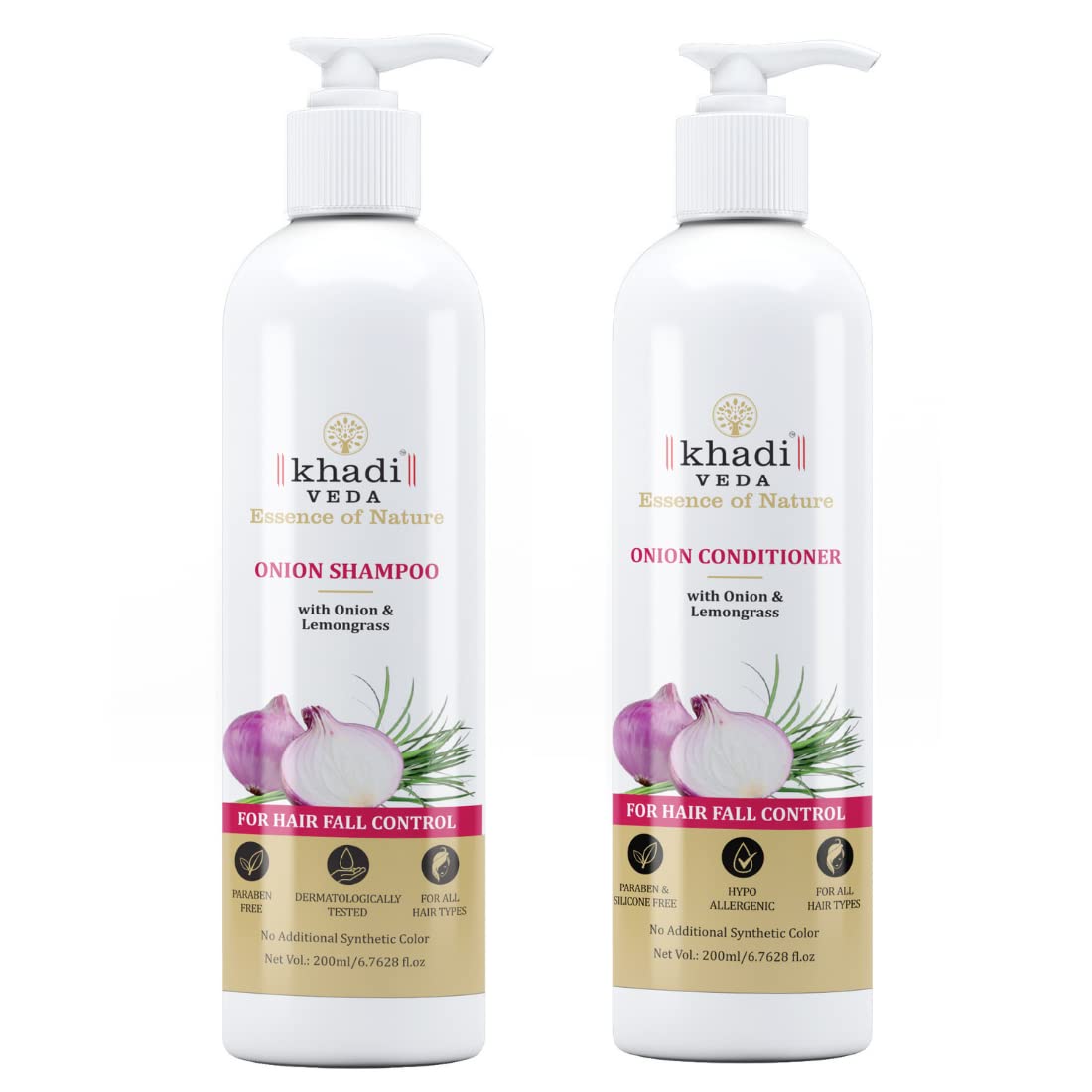 Khadi VEDA Onion Shampoo & Conditioner Set with Onion & Lemongrass - 200ml Each | Natural Hair Growth & Scalp Care for Men & Women | Perfect for Dry, Damaged Hair & Dandruff Treatment