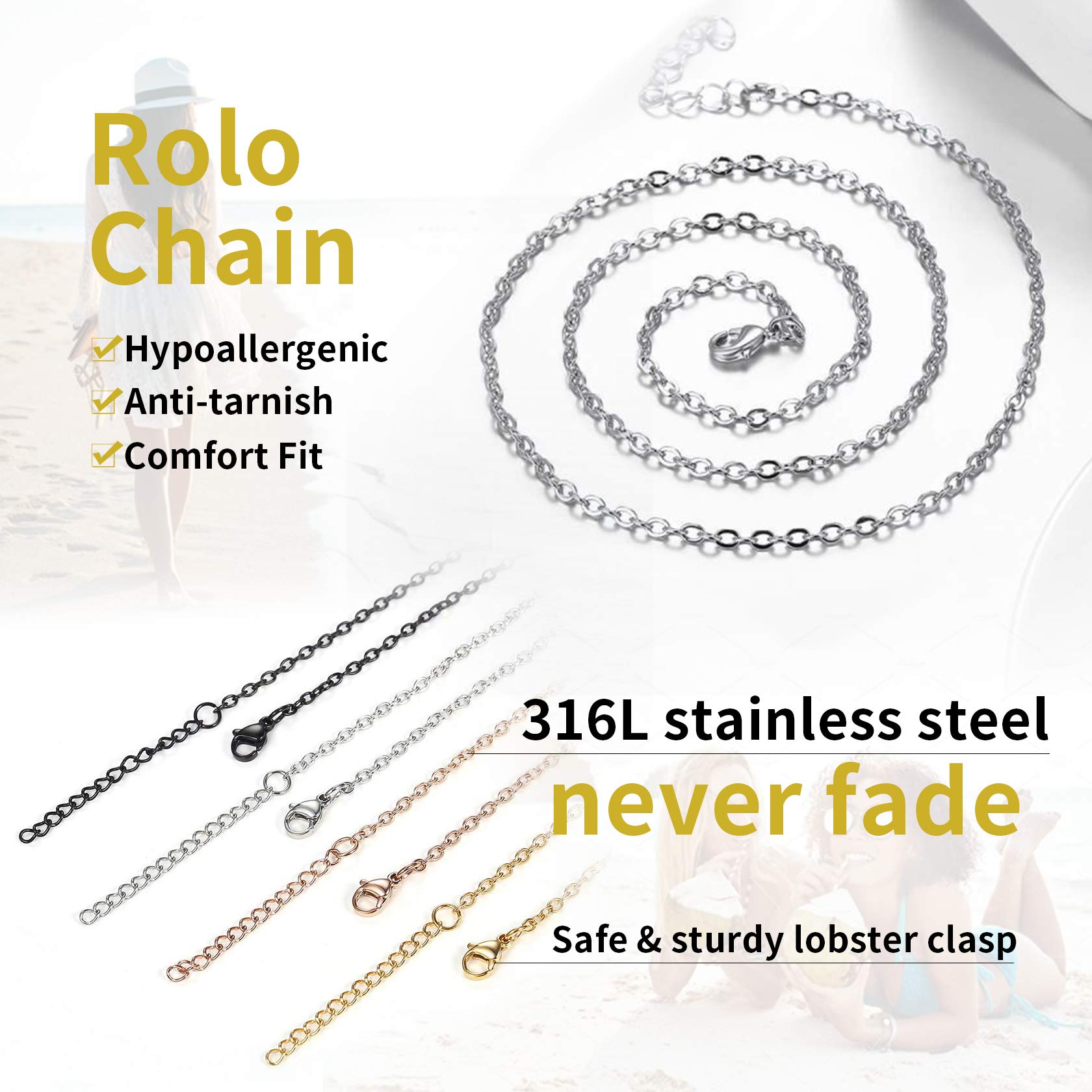 ChainsHouse Thin Rolo Chain Necklaces for Women & Men - 1.4MM/2MM Stainless Steel Cable Chains with 5cm Extender - 14K Gold, Rose Gold & Black Plated Options - 16-30 Inch Adjustable Length - Perfect for Layering, Gifting & Everyday Wear