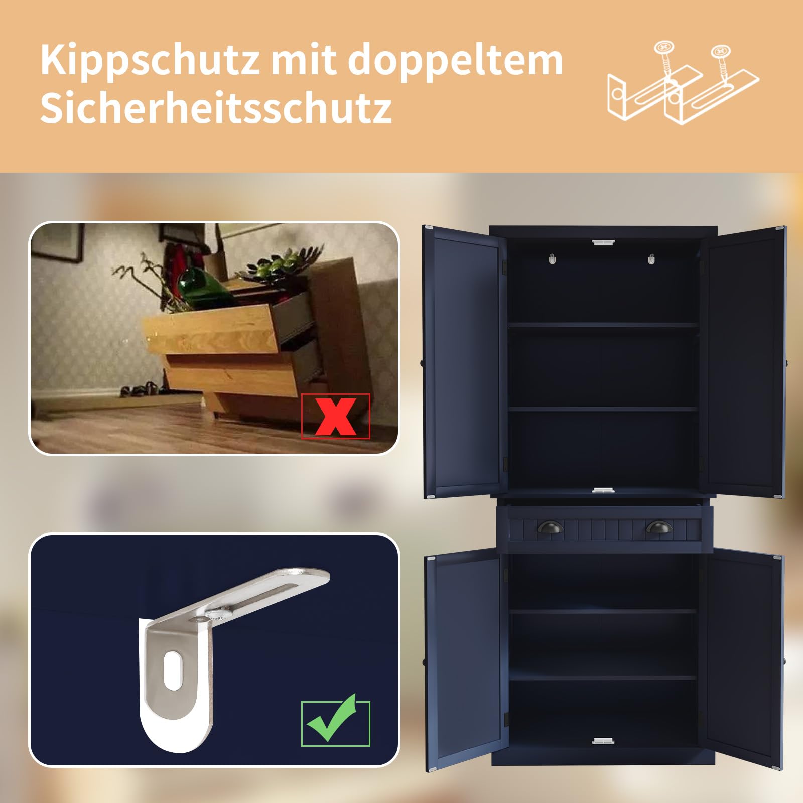 ARTPOWER 3-Tier Kitchen Pantry Storage Cabinet with Drawer & Adjustable Shelves - Organizer for Spices, Food, Toiletries - Perfect for Kitchen, Bathroom, Hallway or Laundry Room - Modern Blue Storage Solution