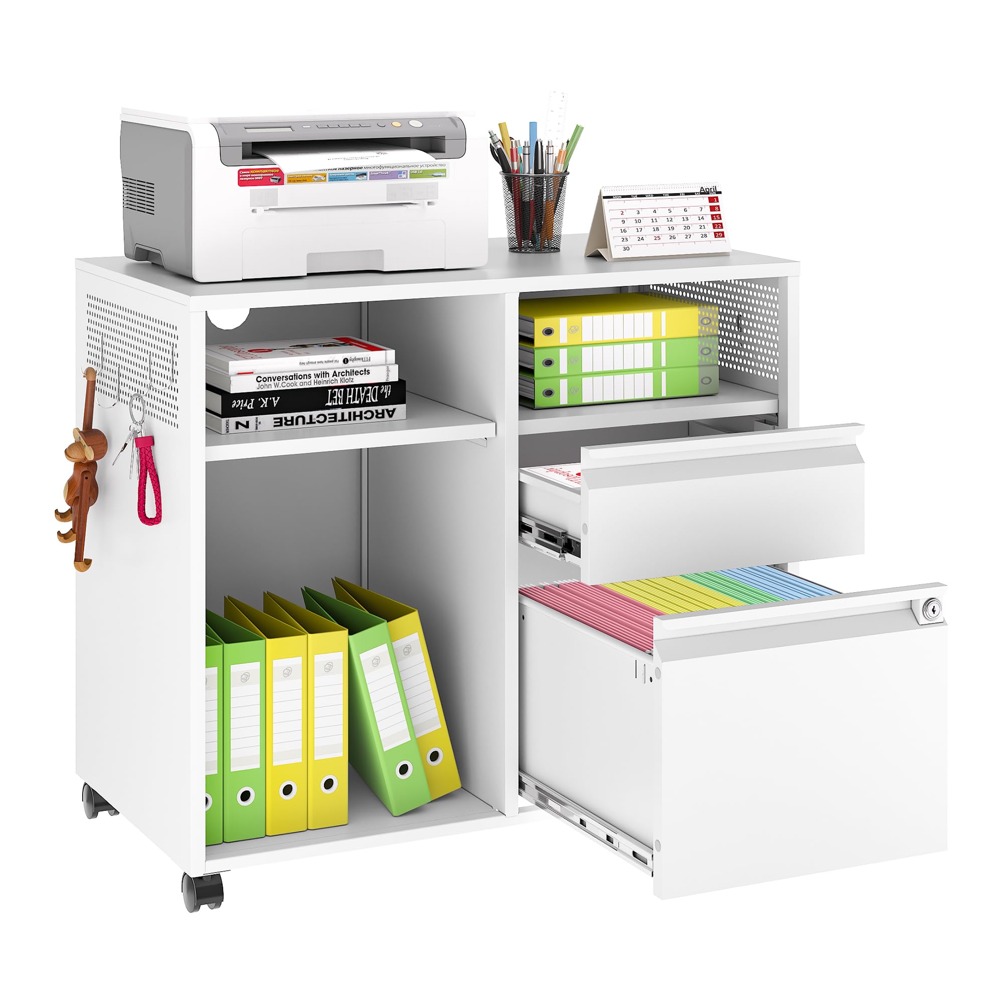 2-Drawer Mobile File Cabinet with Lock - Lateral Office Filing Cabinet & Printer Stand with Open Storage Shelves - Home & Office Organization (White, Right Drawer) - Perfect for Document Storage, Printer Organization & Workspace Efficiency