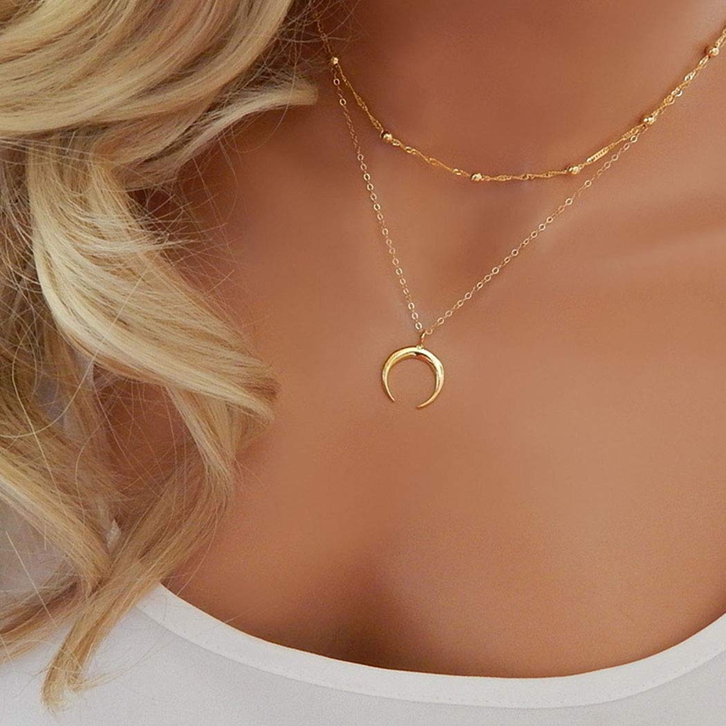 Boho Layered Necklace for Women - Gold Crescent Moon & Double Horn Pendant Beaded Choker Clavicle Chain Jewelry - Perfect for Festival, Party & Everyday Boho Style Outfits