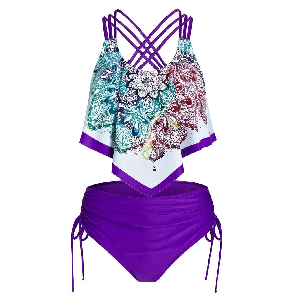 Youmymine Women's Strappy Padded Swim Top - Crisscross Tankini with Feather Print & Flounce Overlay | Perfect for Beach Vacation, Pool Party and Summer Swimming