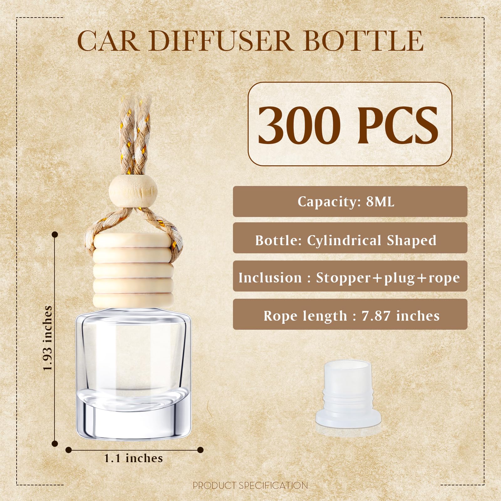 Zubebe 300 Pcs 8ml Empty Clear Glass Hanging Car Air Freshener Diffuser Bottles - Bulk Refillable Perfume Containers for Aromatherapy Essential Oils - Perfect for Auto Interior Decor & Home Fragrance (Cylindrical)