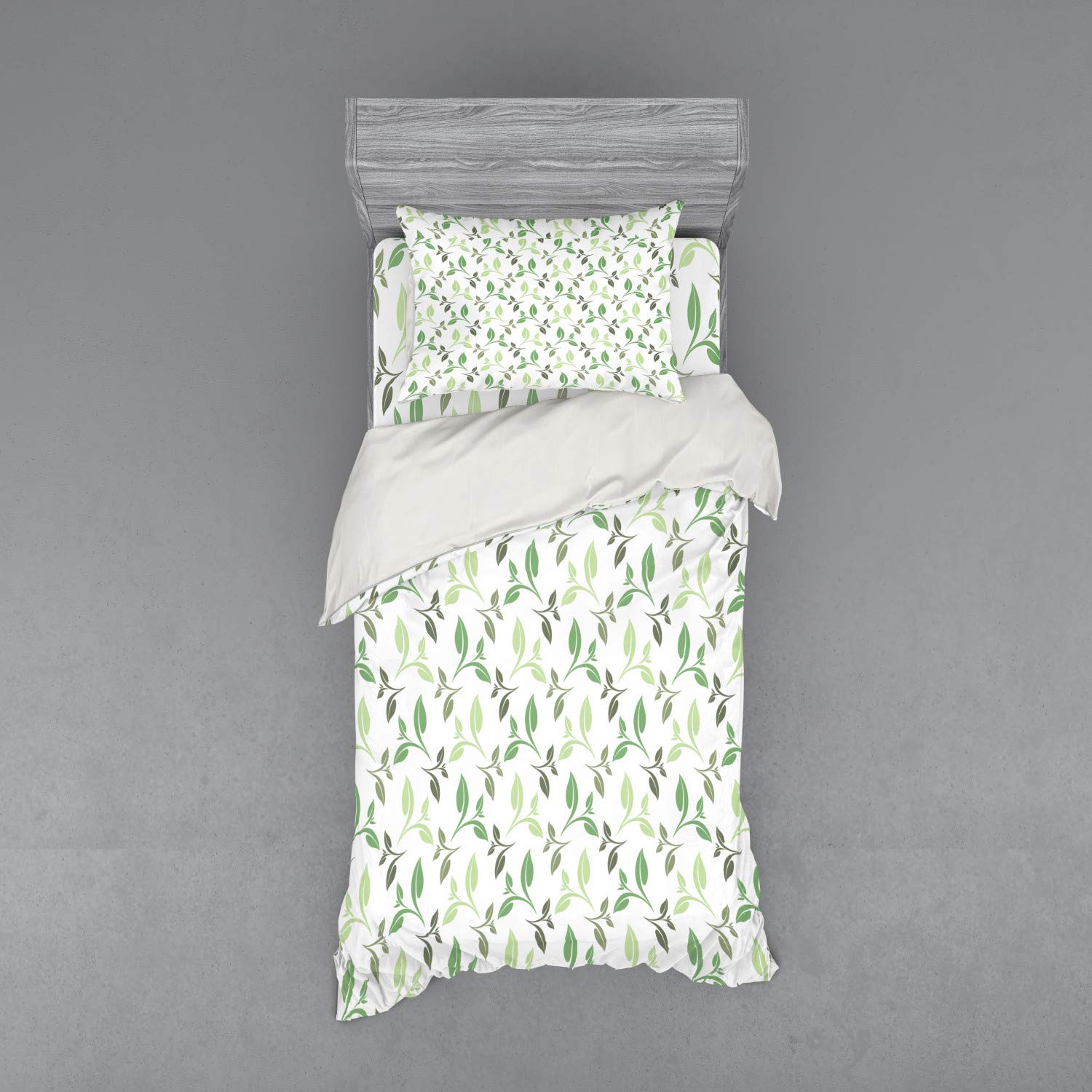 Ambesonne Vintage Tea Leaves Bedding Set - 3 Piece Duvet Cover with Sham & Fitted Sheet, Twin XL Size, Soft Faded Green Army Color, Botanical Print for Cozy Bedroom Decor | Perfect for Guest Rooms, Dorms & Bohemian Style Homes