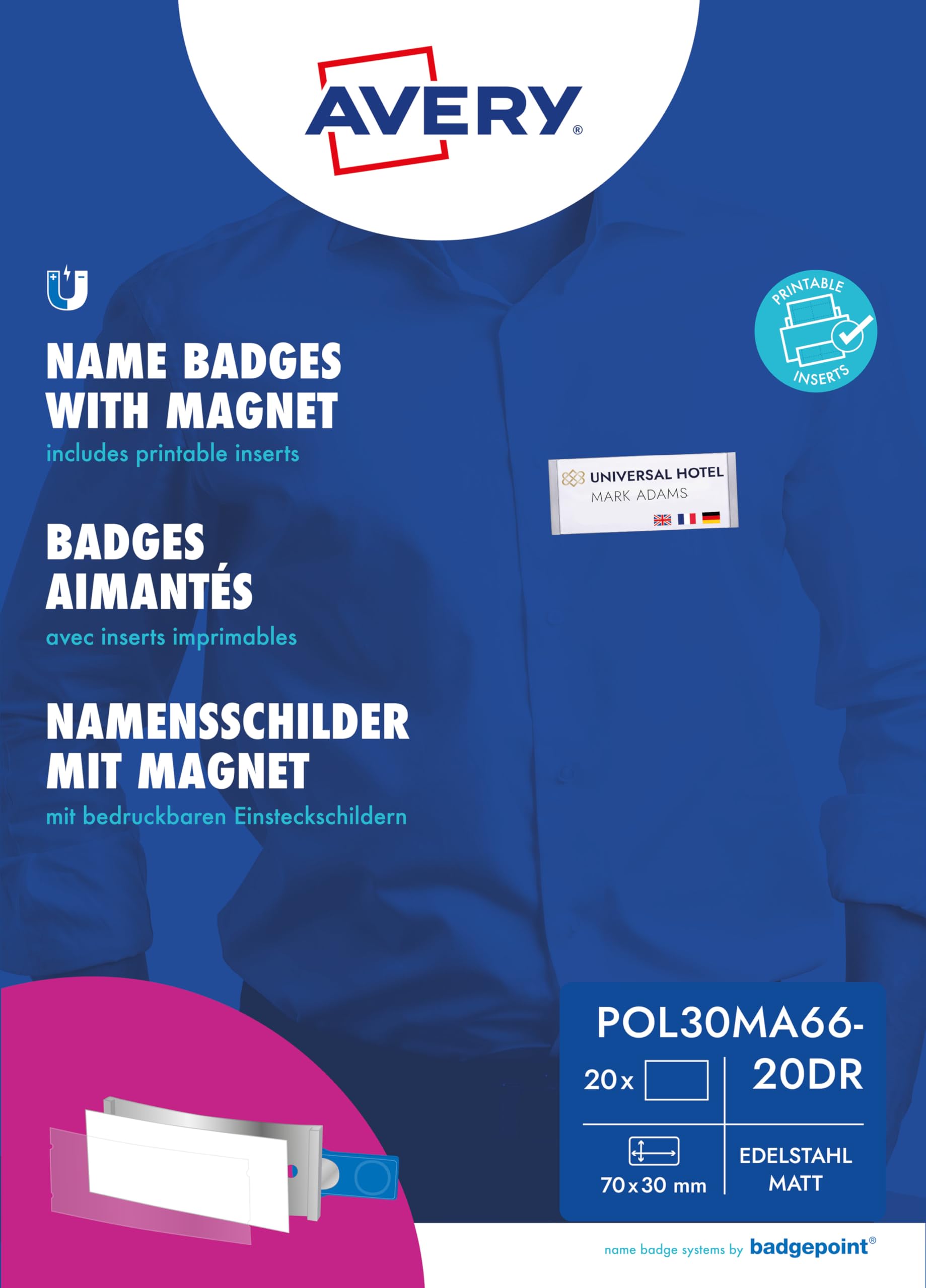 Badgepoint Polar30 Magnetic Name Badges - 70x30mm Professional Name Tags with Twist-Proof Magnet (20 Pack) - Matte Stainless Steel Name Plates for Work, Events & Conferences - Includes Printable Templates & Name Card Sheet
