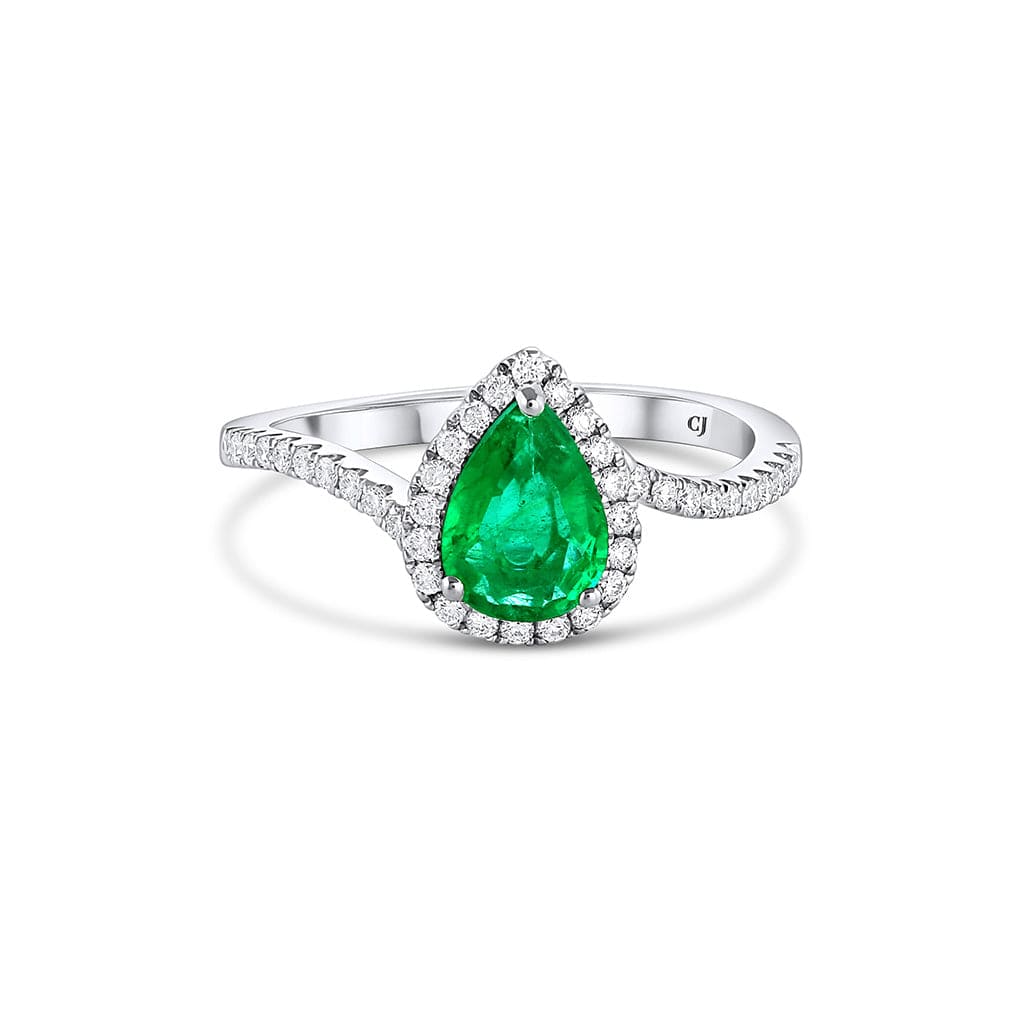 18K White Gold Diamond and Pear Shaped Emerald Ring for Women - Elegant Engagement & Wedding Jewelry Gift for Her