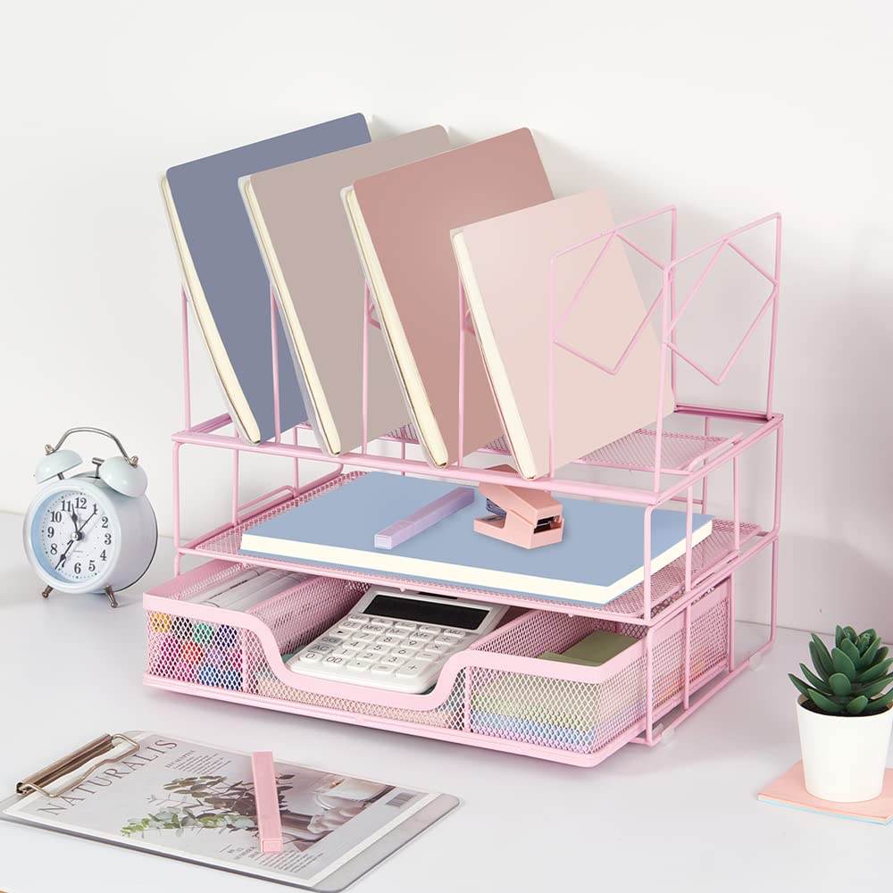 Desk Organizers and Accessories - Office Supplies Desktop Organizer with Sliding Drawer, Dual Tray & 5 Upright Sections - File Folder Holder for Home Office, Workstation & Study Desk - Perfect for Paper Management, Document Storage & Workspace Organization