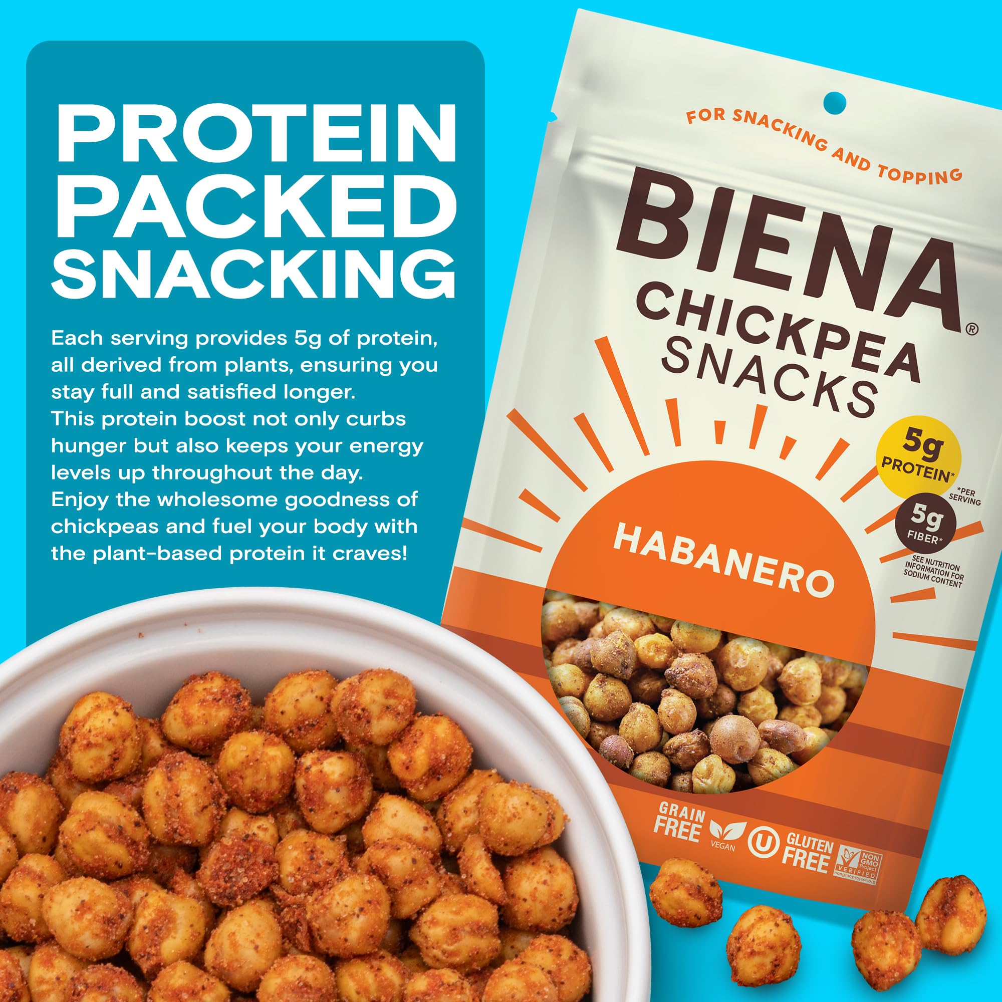 BIENA Crunchy Roasted Chickpea Snacks - High Fiber Vegan Protein Snacks for Adults & Kids - 8-Pack (5oz) - Habanero Flavor - Perfect for School Lunches, Office Snacks & Healthy On-the-Go Eating