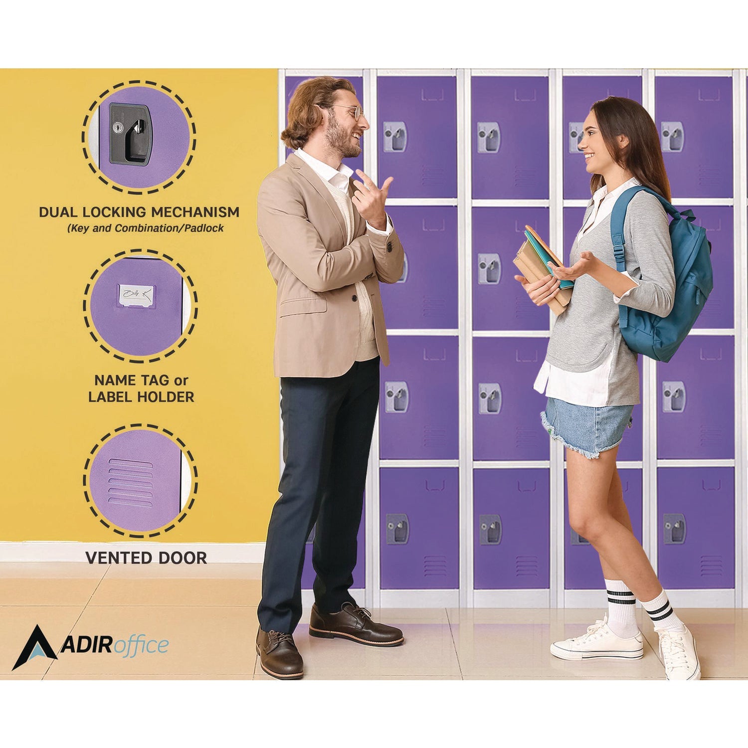 AdirOffice 4 Compartment Steel Storage Locker - 12x12x72 Inches, Purple - Perfect for Schools, Gyms & Office Organization