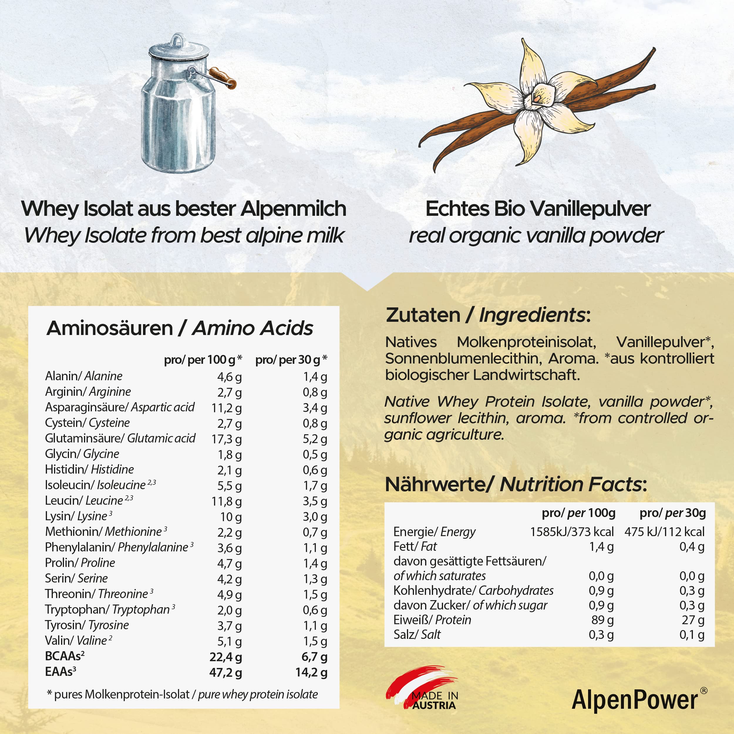 AlpenPower Native Whey Protein Isolate Vanilla 500g - 100% Natural Whey Protein Powder from Alpine Milk, No Artificial Sweeteners, High-Quality CFM Protein for Muscle Recovery & Post-Workout - Perfect for Smoothies, Shakes & Fitness Nutrition