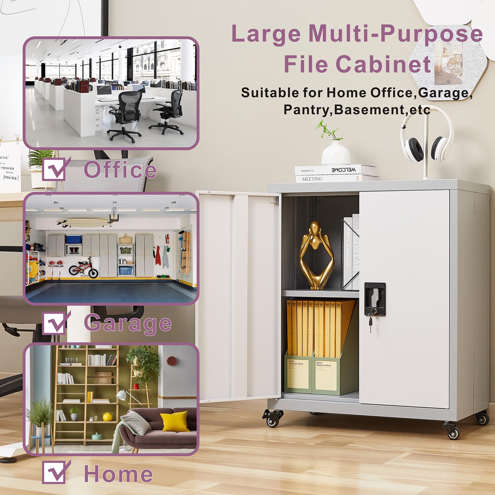 Lockable Metal Storage Cabinet with Adjustable Shelves & Wheels - Heavy Duty Garage Organizer for Home, Office, Kitchen & Living Room - Space Saving Grey Steel Cabinet for Tools, Supplies & Household Items