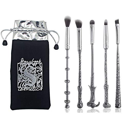 5 Pcs Harry Potter Wizard Wand Makeup Brush Set - Eyebrow, Eyeshadow, Foundation & Powder Brushes in Gift Bag (Black) | Perfect for Cosplay, Themed Parties & Potterhead Gifts