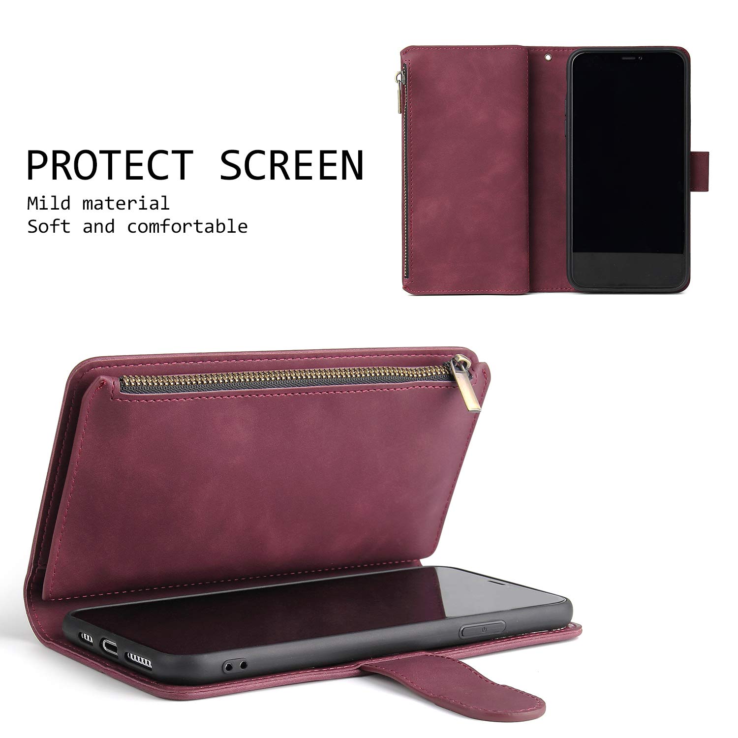 Premium PU Leather Magnetic Wallet Case for iPhone SE 2022/SE3/SE2/SE 2020/7/8 - Handbag Style with Zipper Pocket, Card Slots & Wrist Strap | Wine Red | Perfect for Daily Use, Travel & Shopping